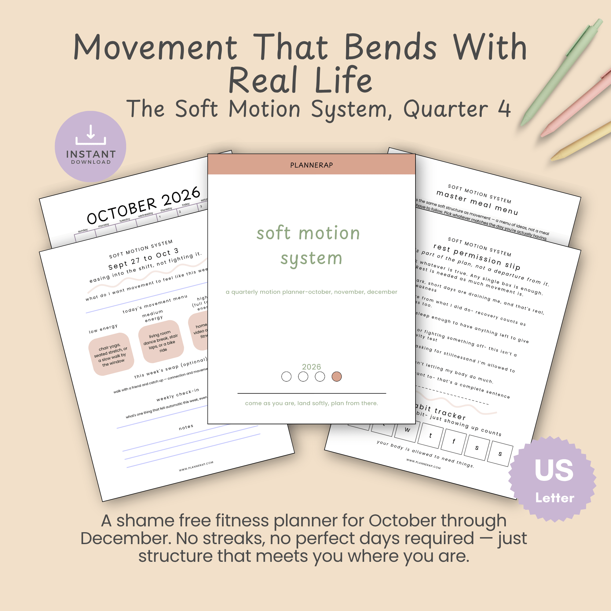 Cover mockup of the Soft Motion System Quarter 4 planner, a shame free fitness planner with movement and meal energy tiers.