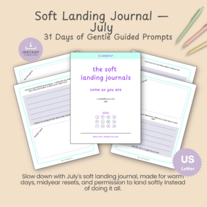 Cover mockup of the July Soft Landing Journal, a printable monthly guided journal with a daily prompt for every day of the month.