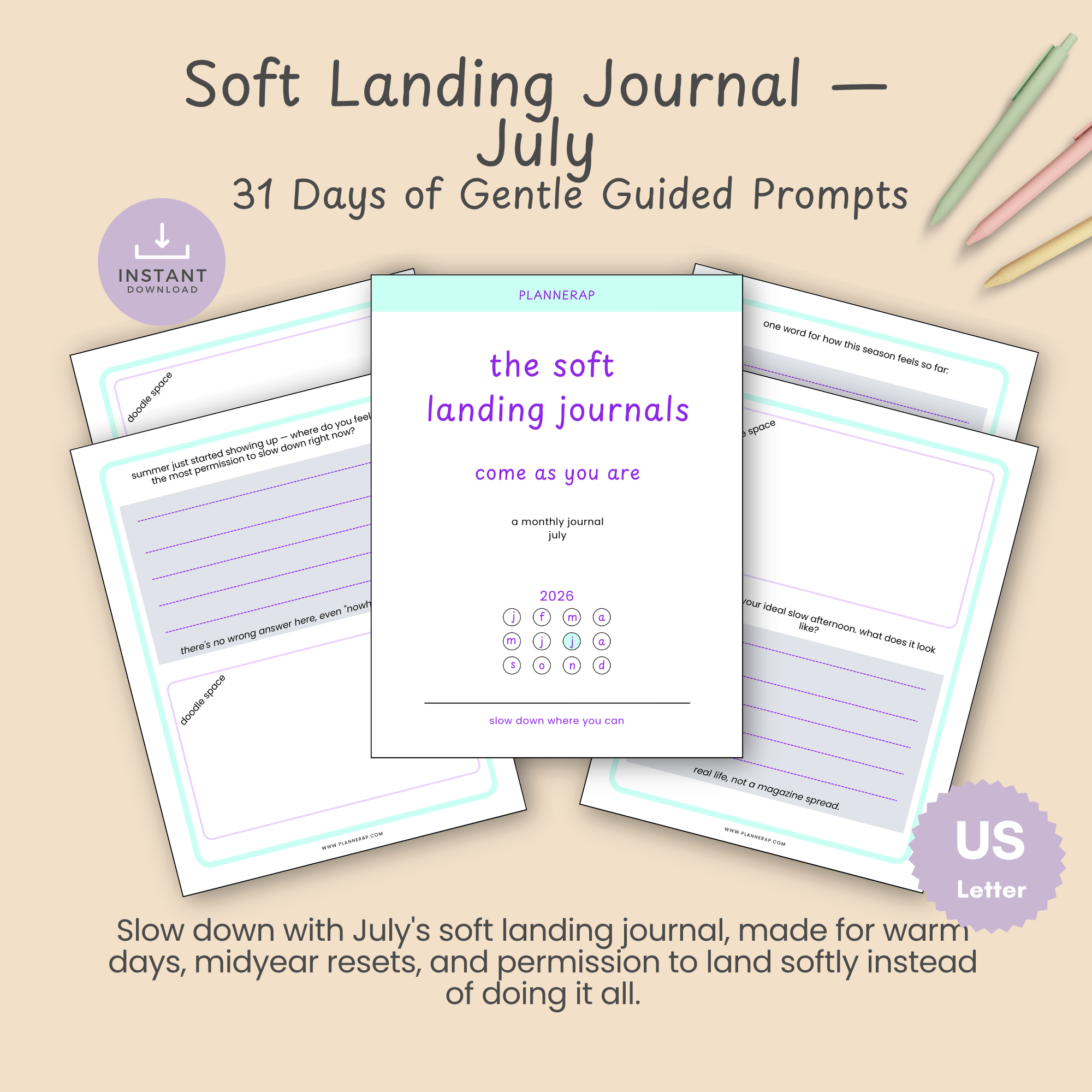 Cover mockup of the July Soft Landing Journal, a printable monthly guided journal with a daily prompt for every day of the month.