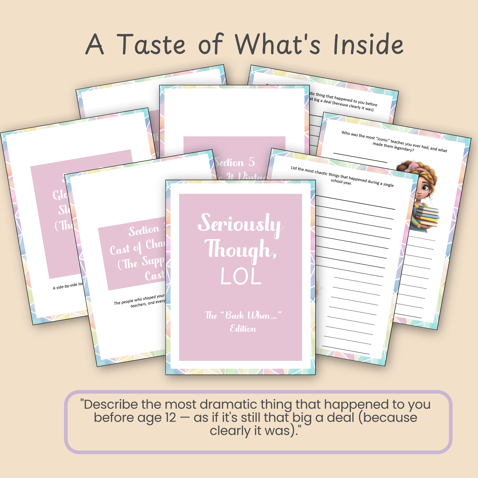 Sample printable prompt page from the Back When nostalgia journal with a whimsical character illustration.