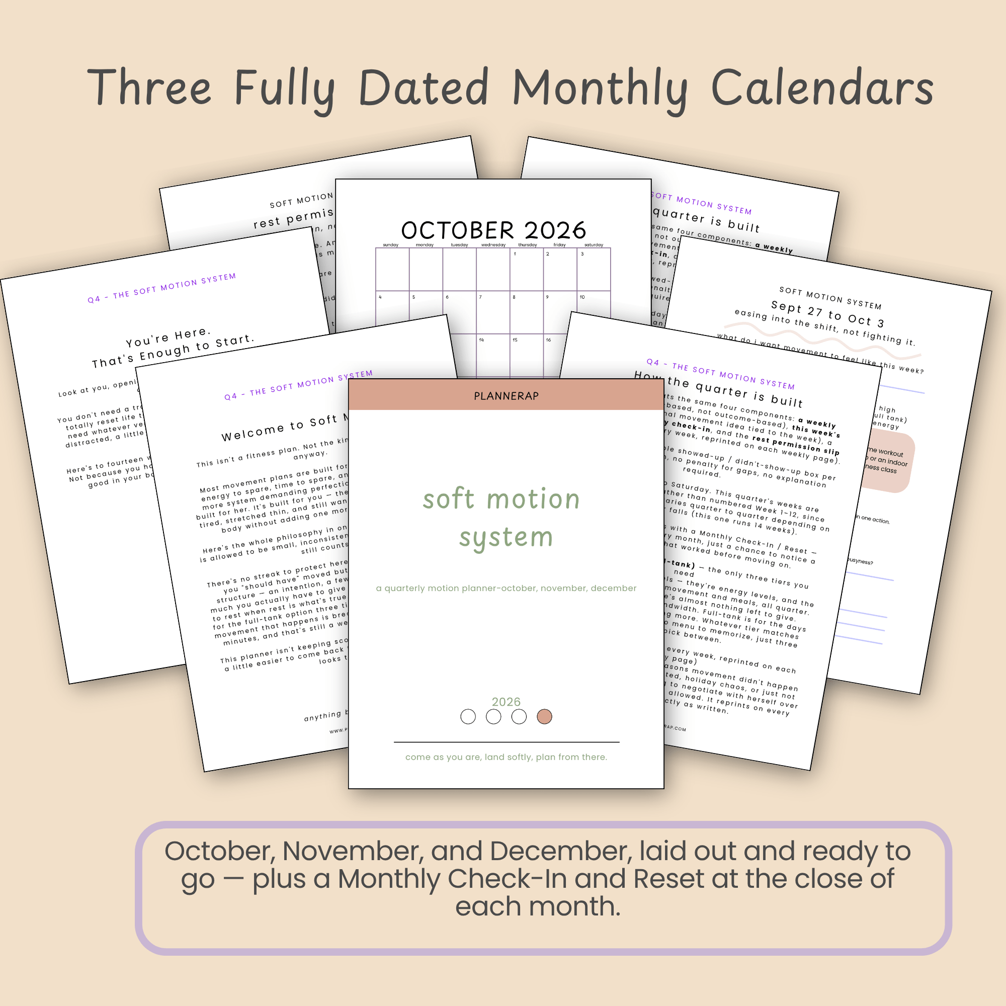 Mockup of the three dated monthly calendar pages included in the Soft Motion Q4 planner.