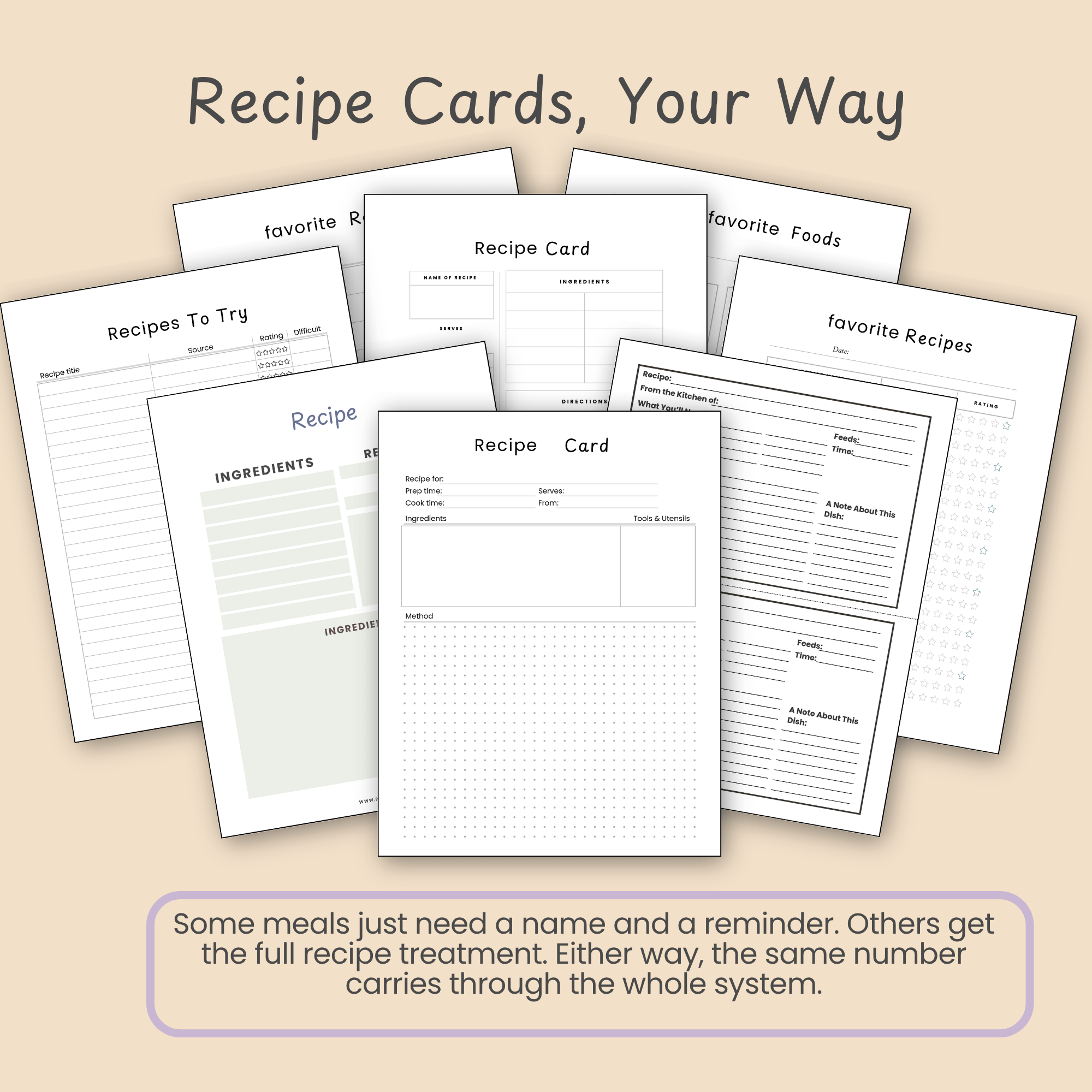 Recipe card page showing ingredients and steps for a numbered family meal, matching the idea bank and monthly grid.