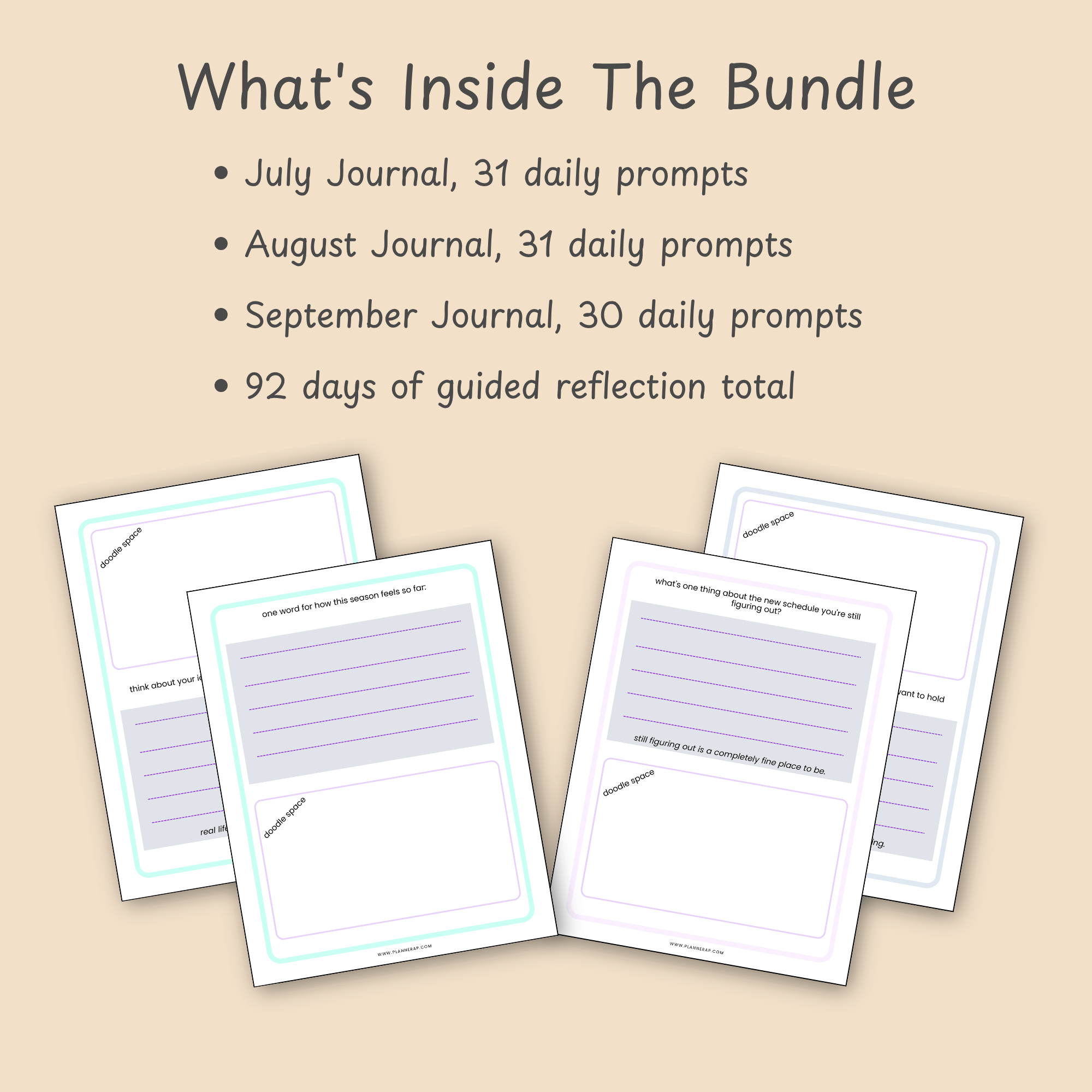 Feature slide listing the page counts for each journal included in the Q3 Soft Landing bundle.