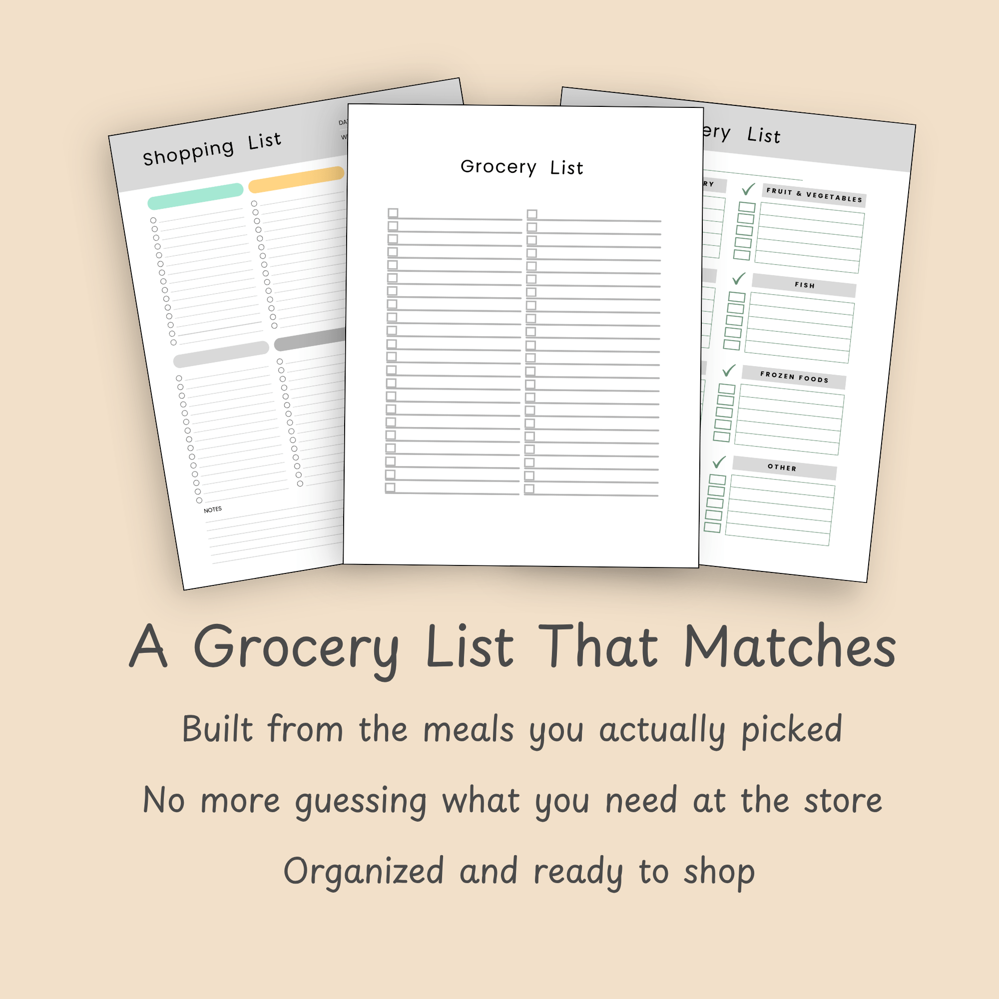 Grocery list page organized by category, designed to pair with the monthly meal planning grid.