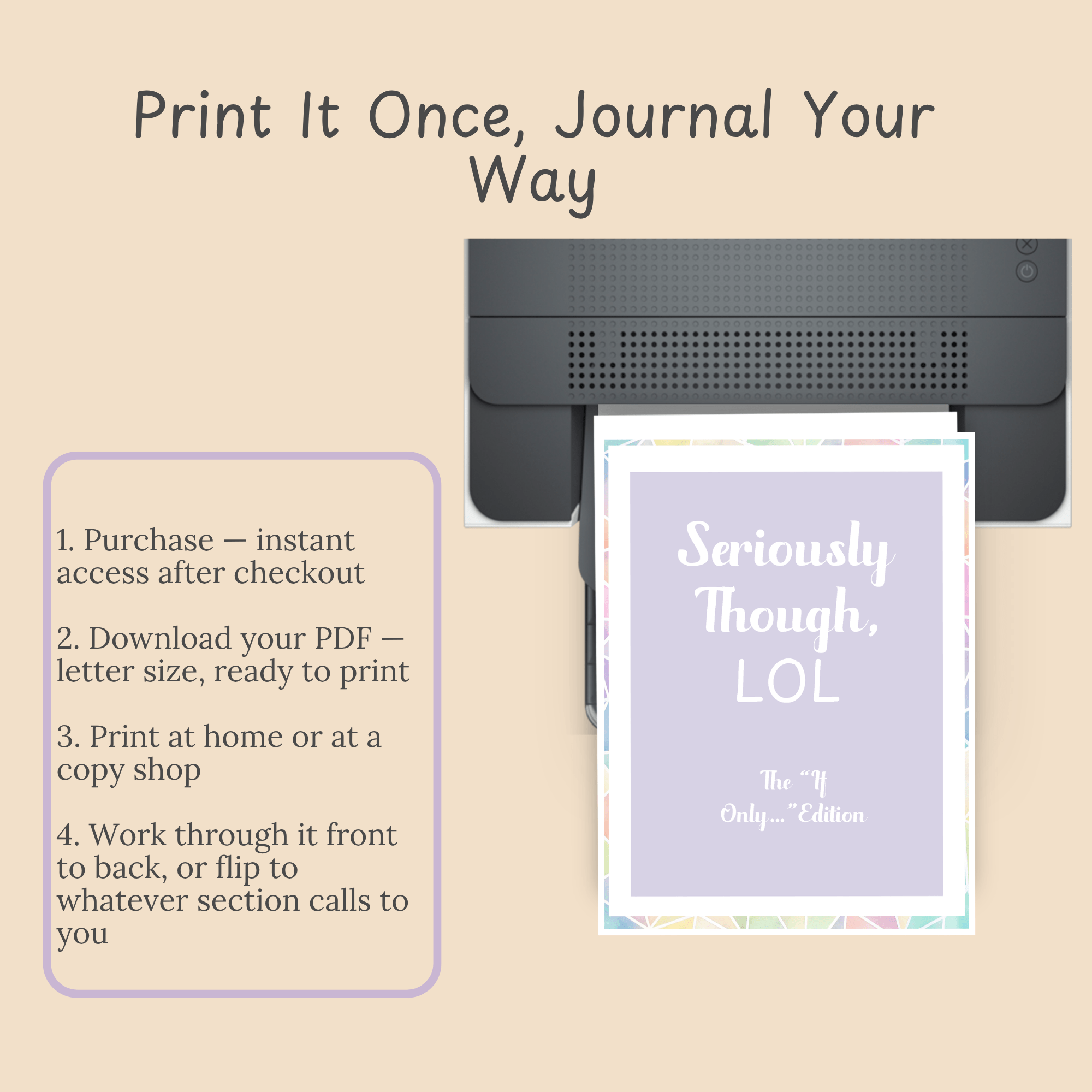 Slide showing the four steps to purchase, download, print, and use the printable journal at home.