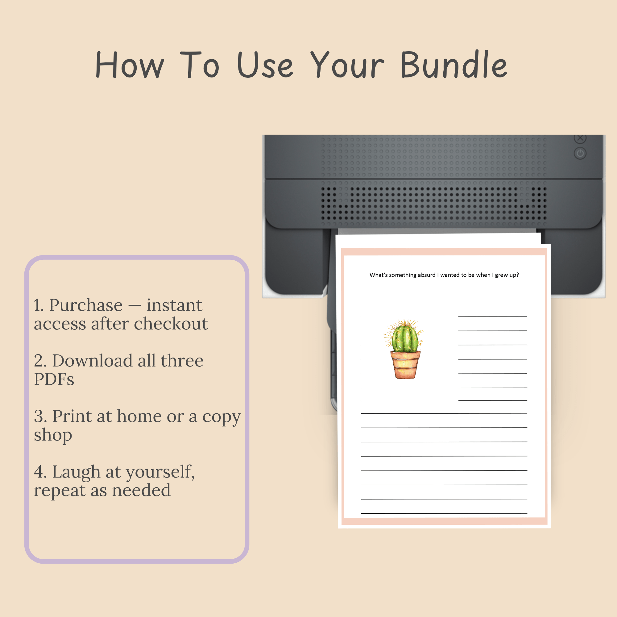 Step-by-step slide explaining how to purchase, download, and print the Seriously Though, LOL journal bundle.