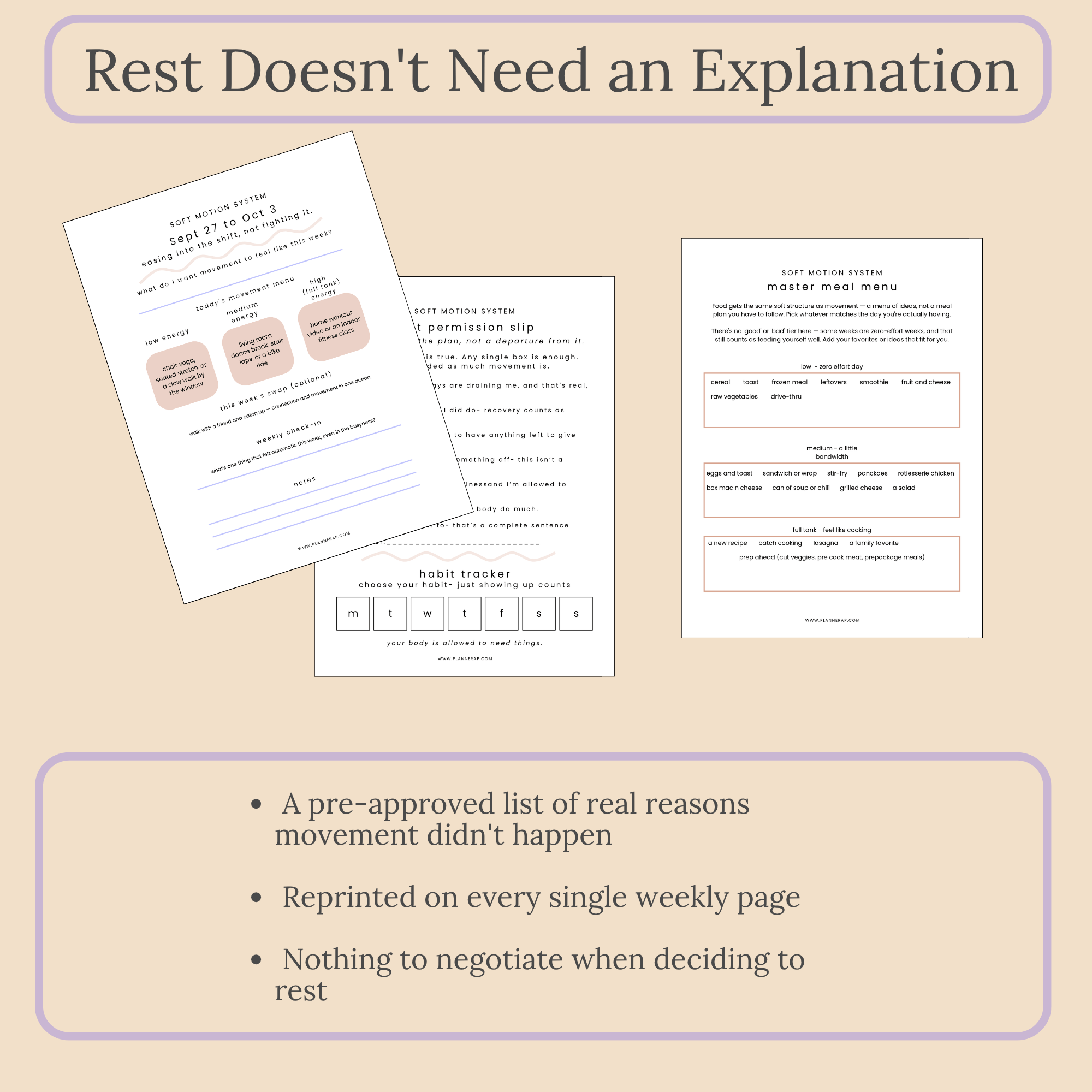 Close-up mockup of the rest permission slip page from the Soft Motion Q4 planner.