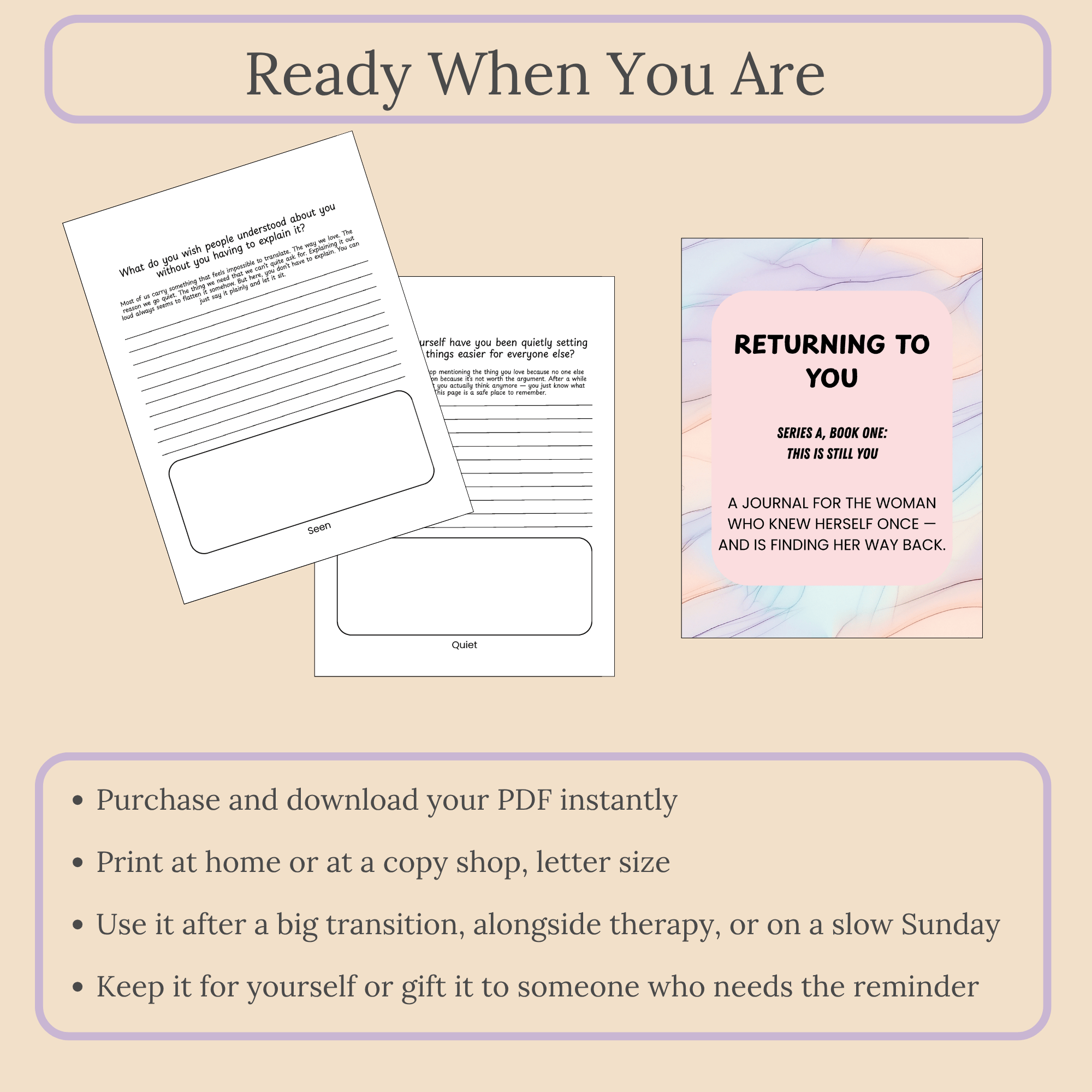 Printed page from This Is Still You journal next to a printer, showing how easy the PDF is to print and use.