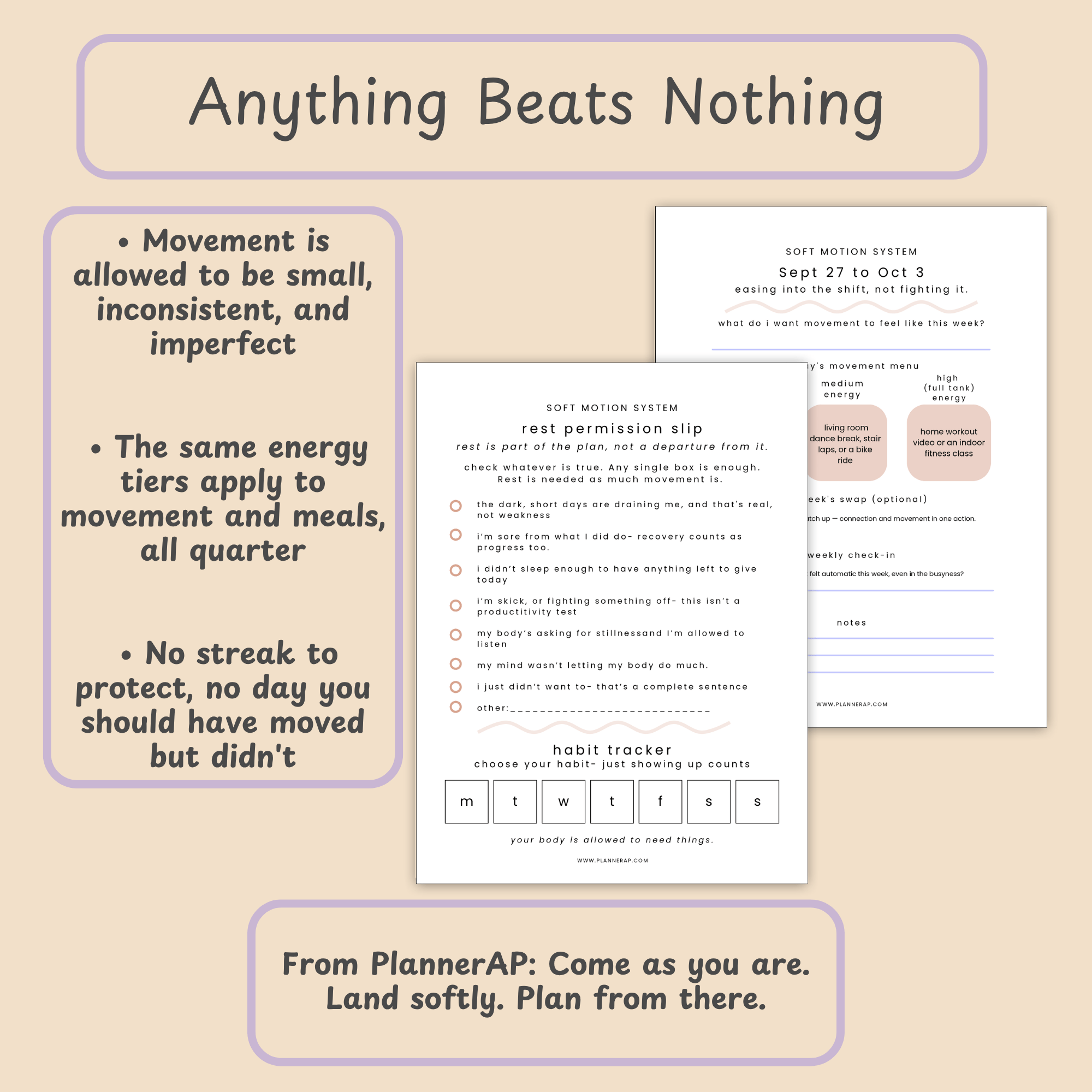 Planner pages illustrating the shame free movement philosophy behind the Soft Motion Q4 planner.