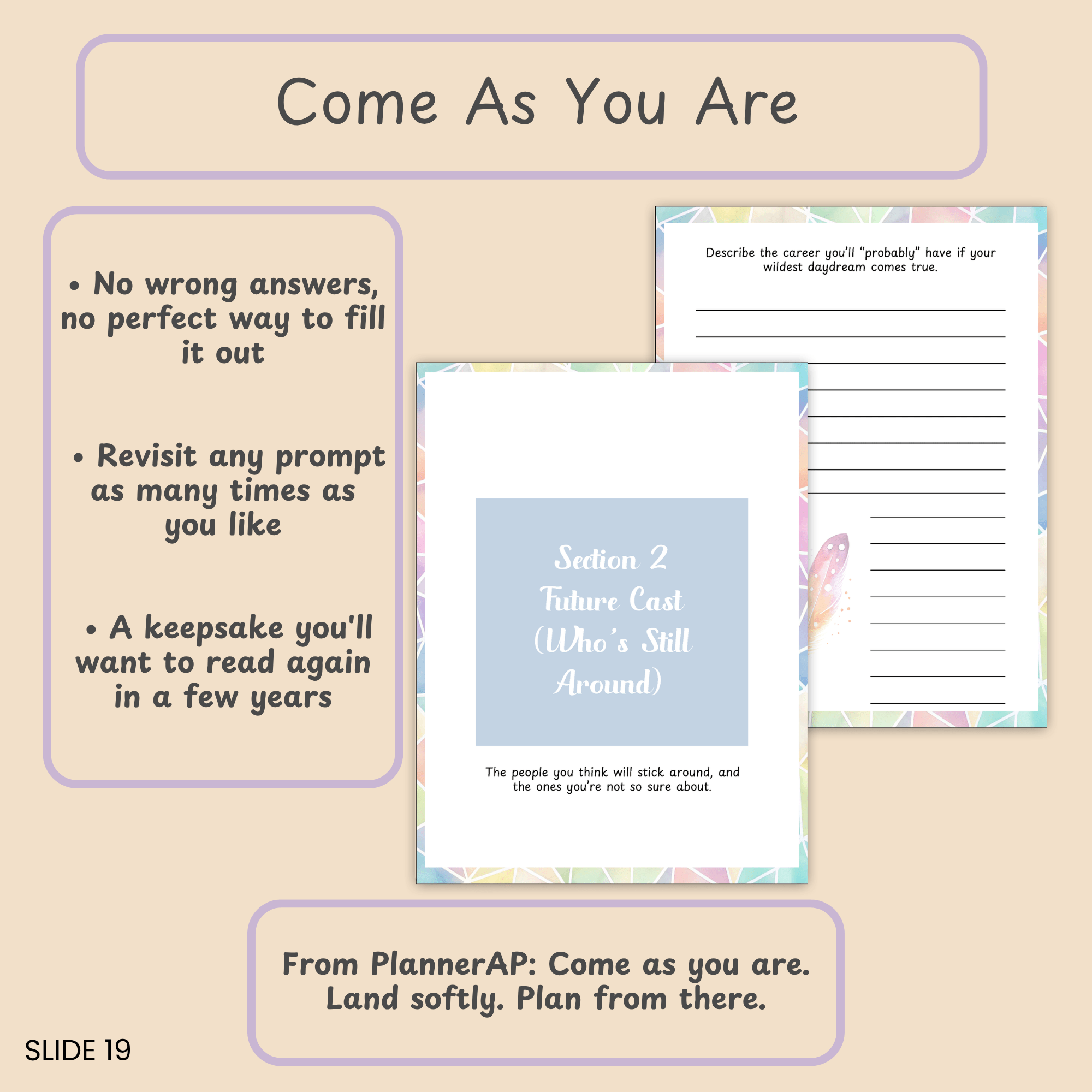 Final trust-building slide with the PlannerAP brand tagline and reassurance that there's no wrong way to use the journal.