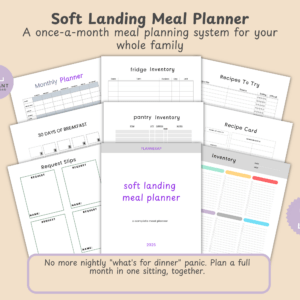 Cover page of the Soft Landing printable monthly meal planner in soft purple and grey-blue tones, showing the title and family-friendly layout.
