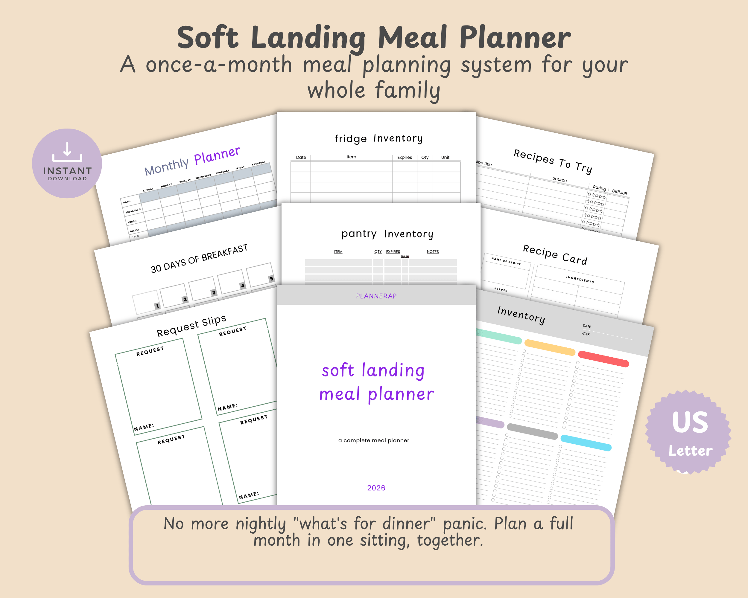 Cover page of the Soft Landing printable monthly meal planner in soft purple and grey-blue tones, showing the title and family-friendly layout.