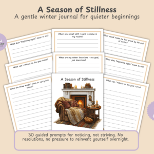Cover slide for A Season of Stillness printable winter reflection journal, showing the title and subtitle over a soft winter-themed background.