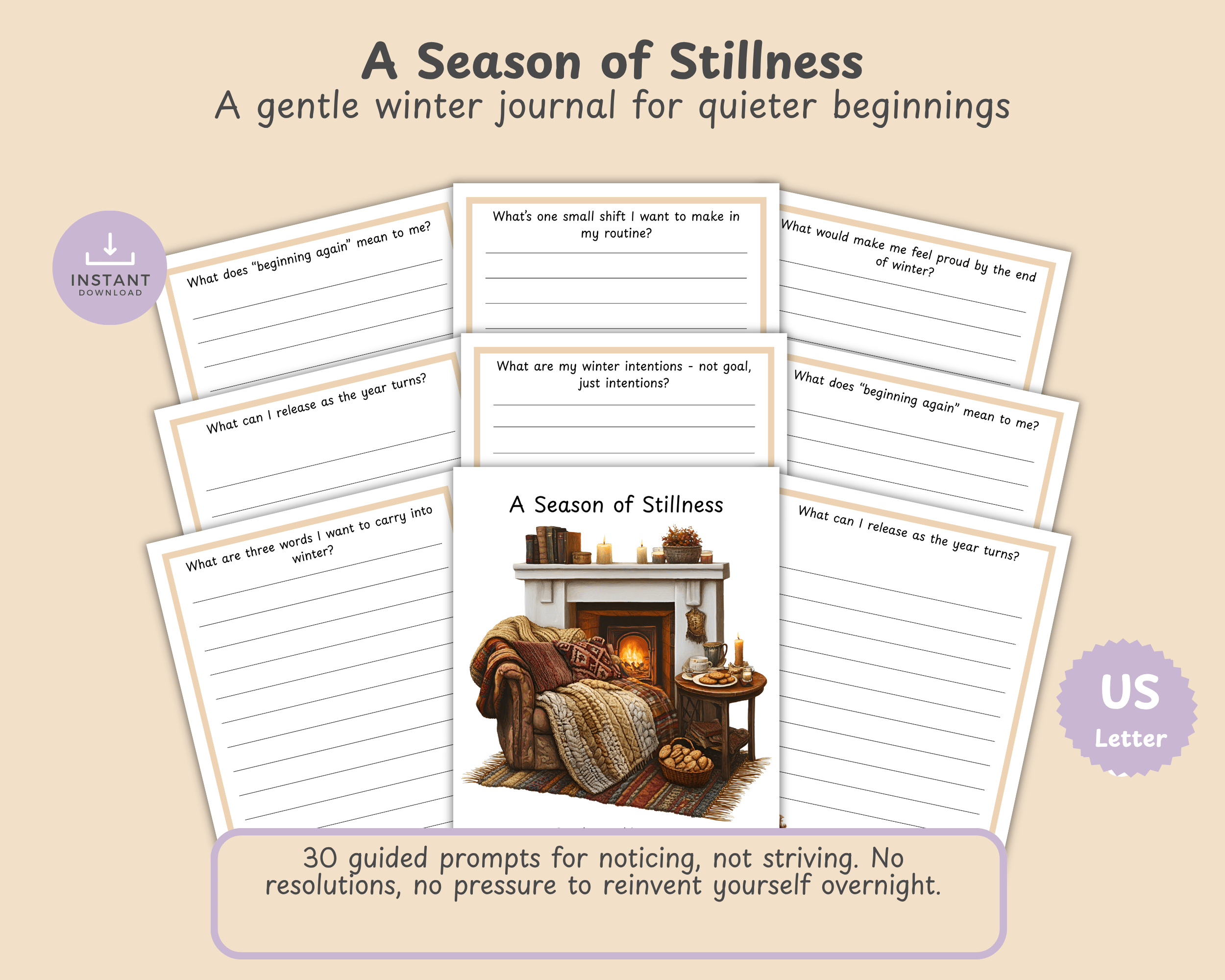 Cover slide for A Season of Stillness printable winter reflection journal, showing the title and subtitle over a soft winter-themed background.