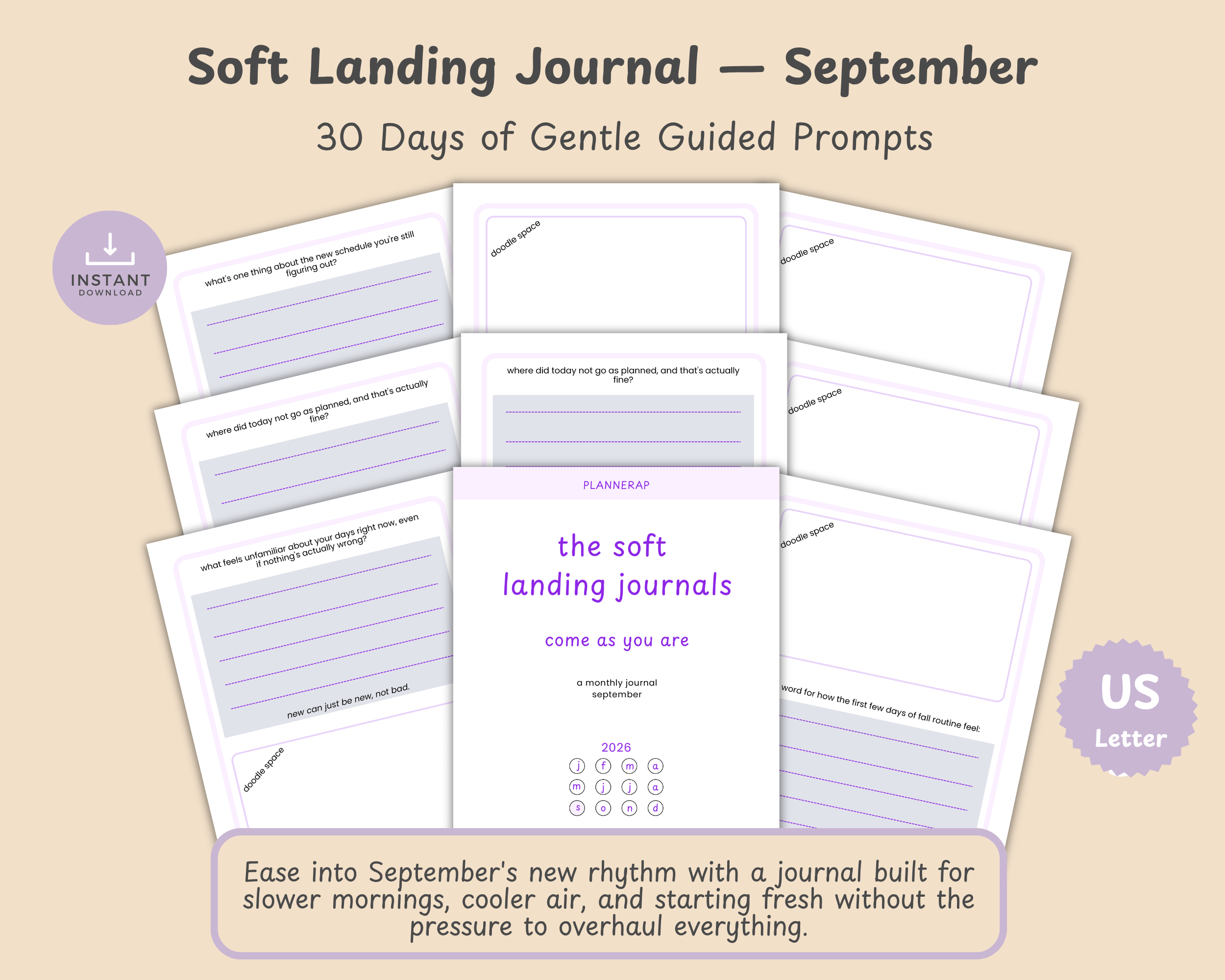 Cover mockup grid of the September Soft Landing Journal, a printable monthly guided journal with a daily prompt for every day of the month.