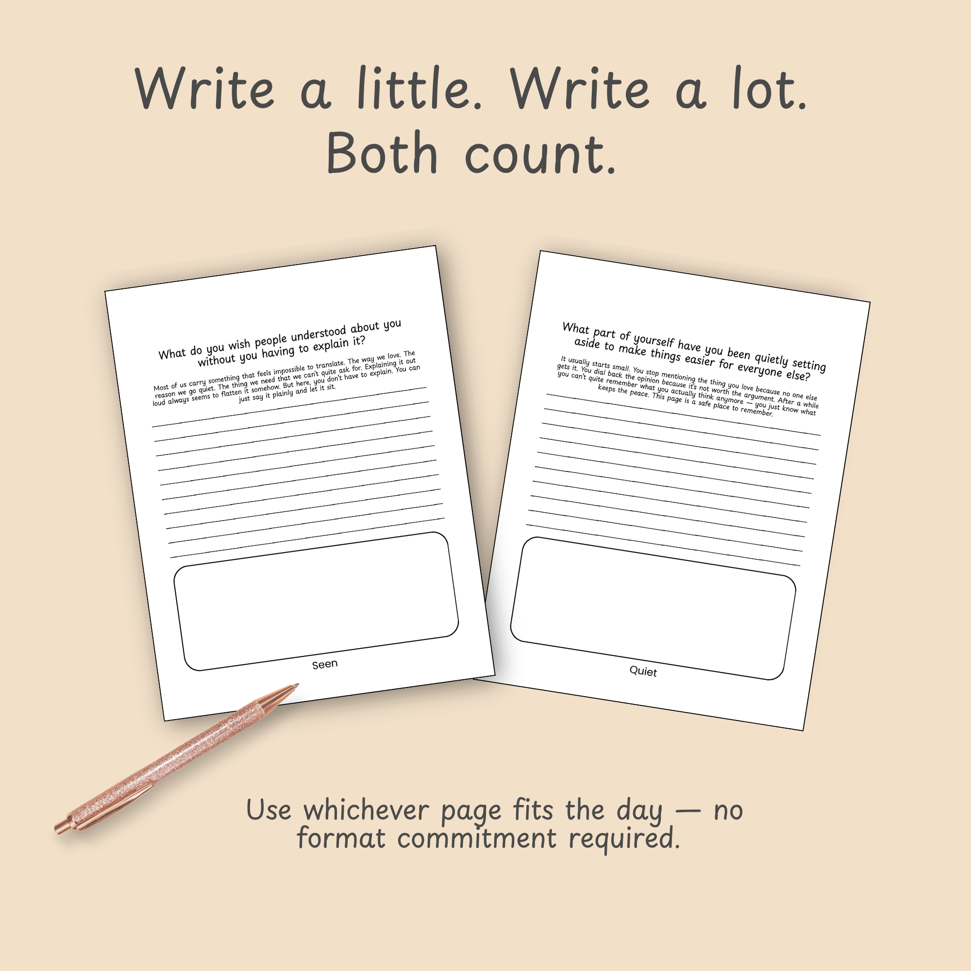 Two sample prompt pages from This Is Still You journal, styled with a pen, showing the flexible amount of writing space per page.