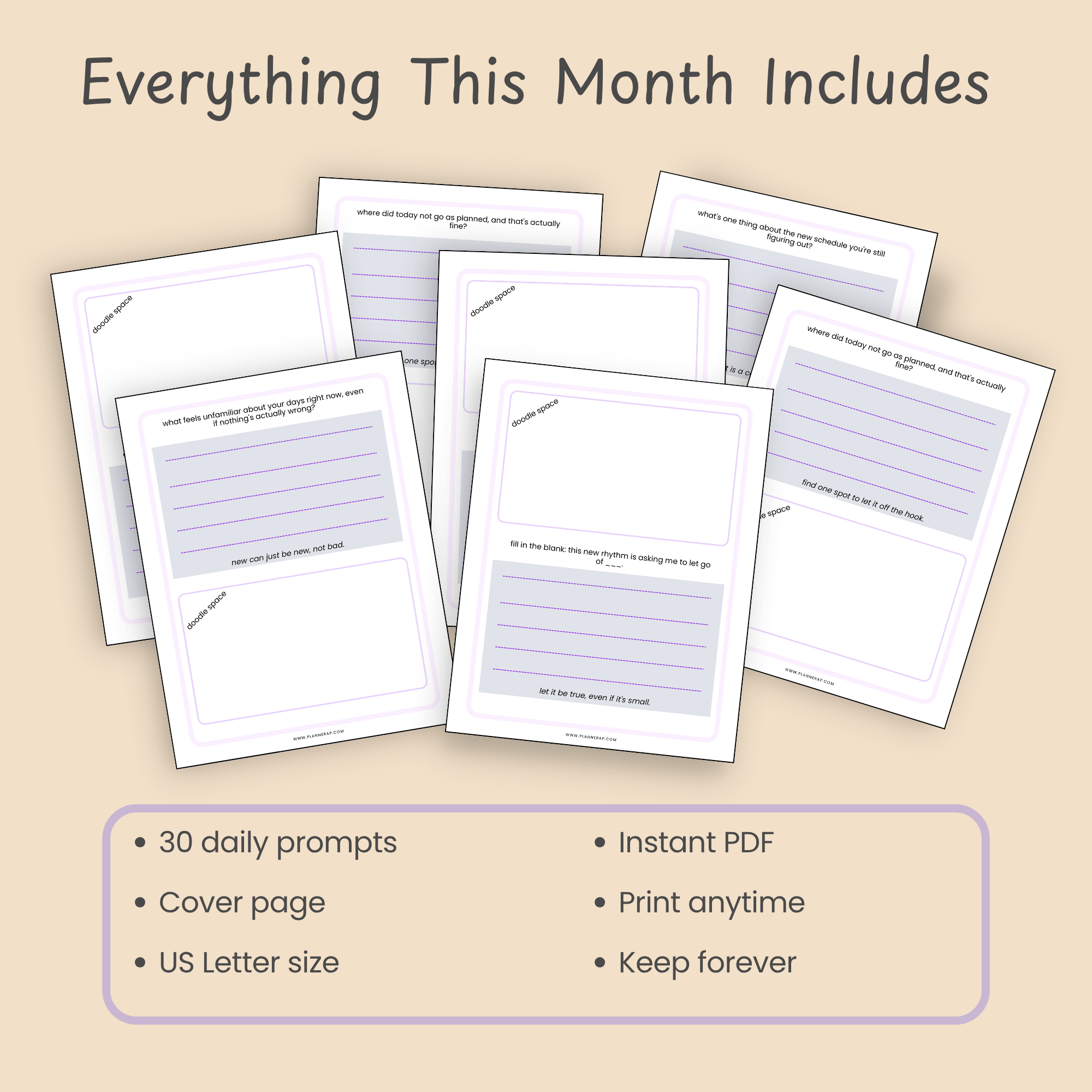 Two-column feature grid slide listing everything included in the September printable journal.