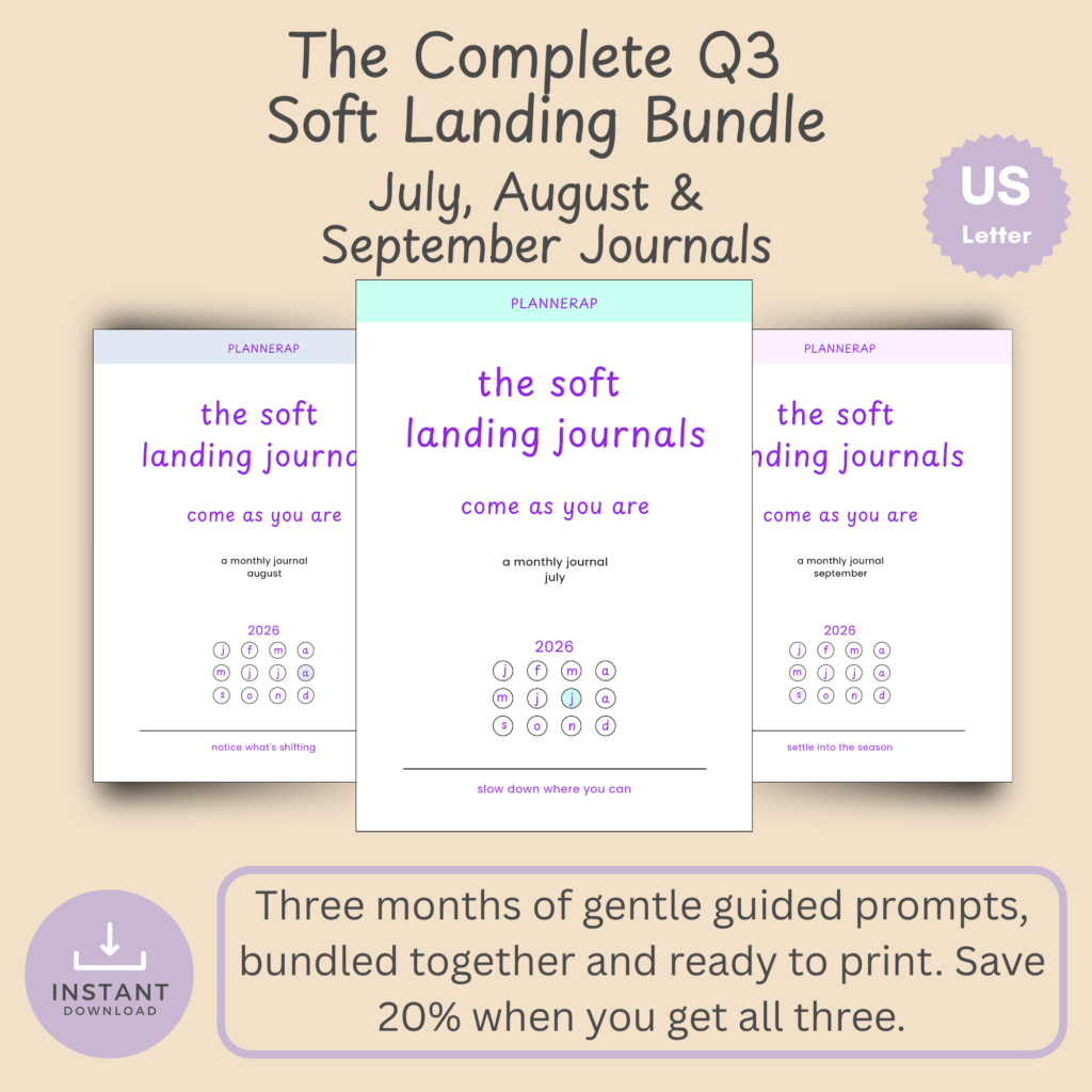Cover mockups for the Q3 Soft Landing journal bundle, showing the July, August, and September printable journals together.