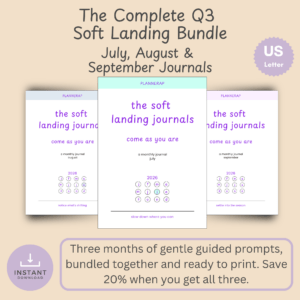 Cover mockups for the Q3 Soft Landing journal bundle, showing the July, August, and September printable journals together.