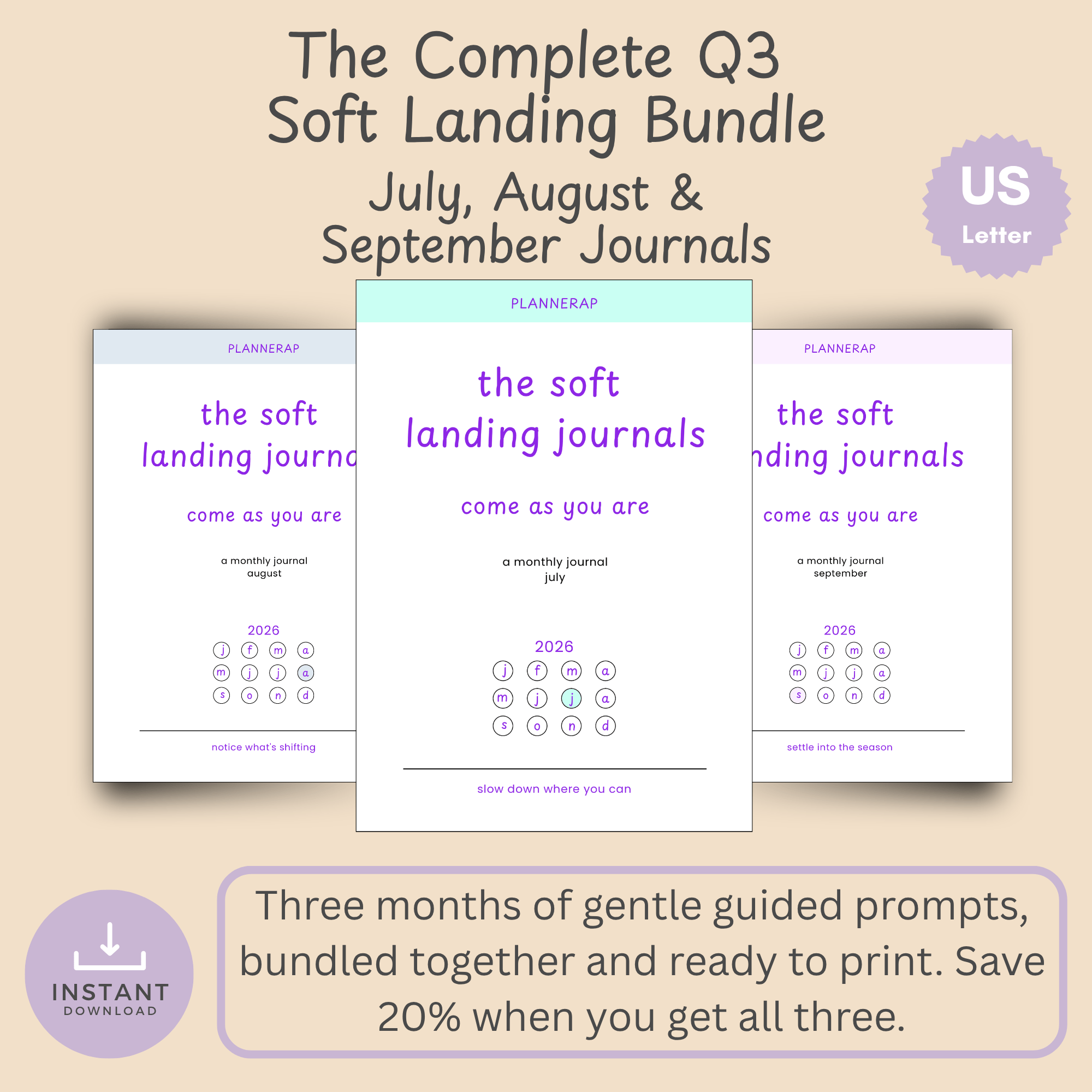 Cover mockups for the Q3 Soft Landing journal bundle, showing the July, August, and September printable journals together.