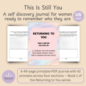 Cover mockup of This Is Still You self discovery journal for women, shown over a grid of sample interior pages.