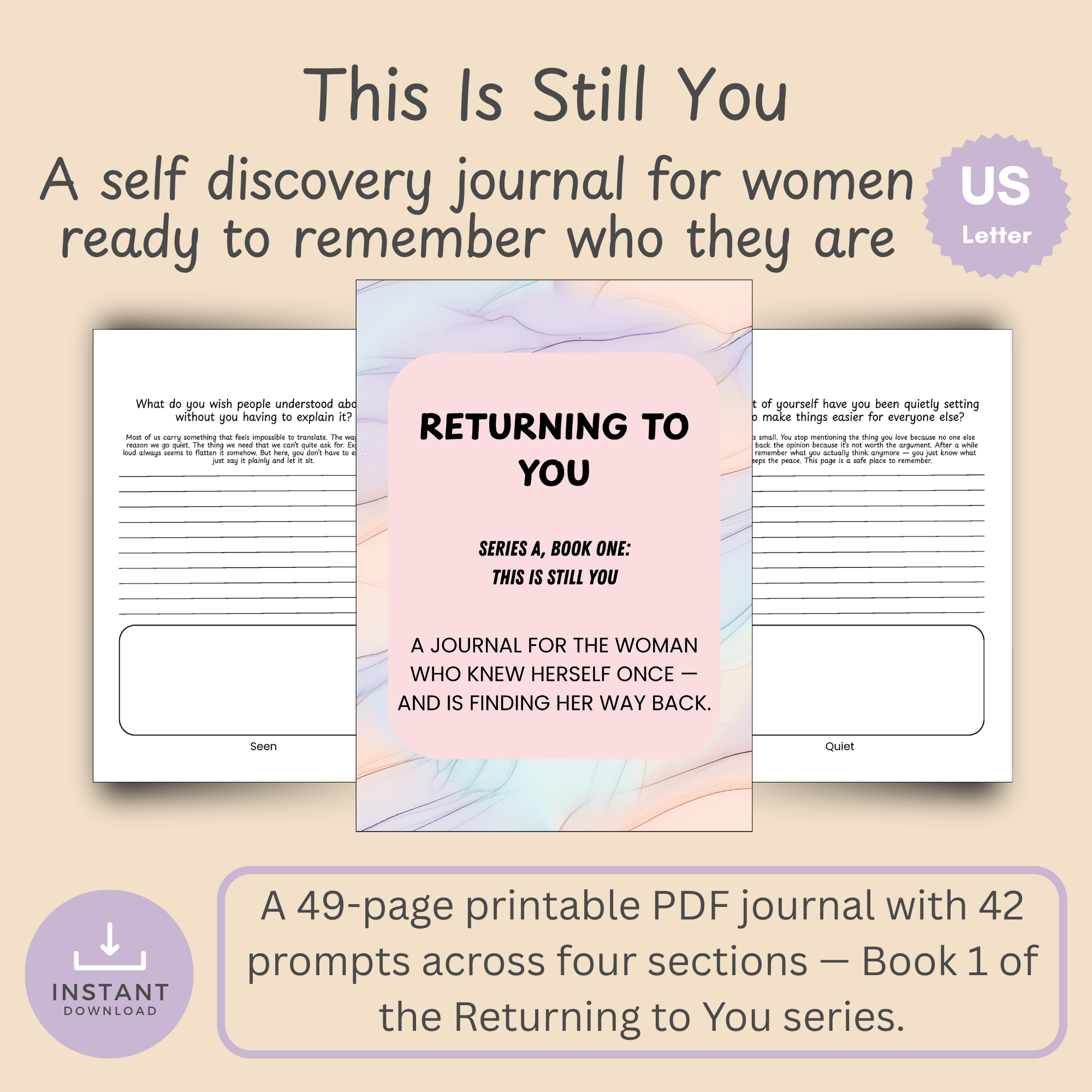 Cover mockup of This Is Still You self discovery journal for women, shown over a grid of sample interior pages.