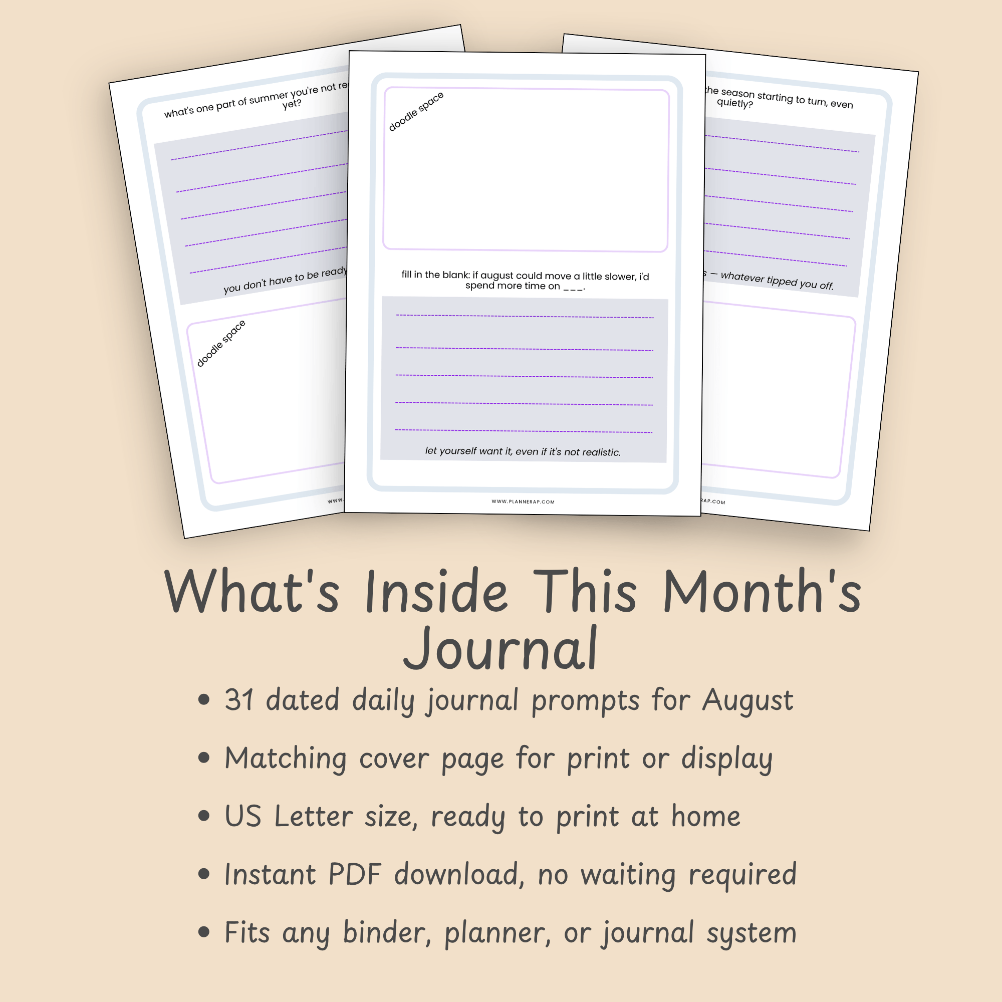 Cover mockup of the August Soft Landing Journal, a printable monthly guided journal with a daily prompt for every day of the month.
