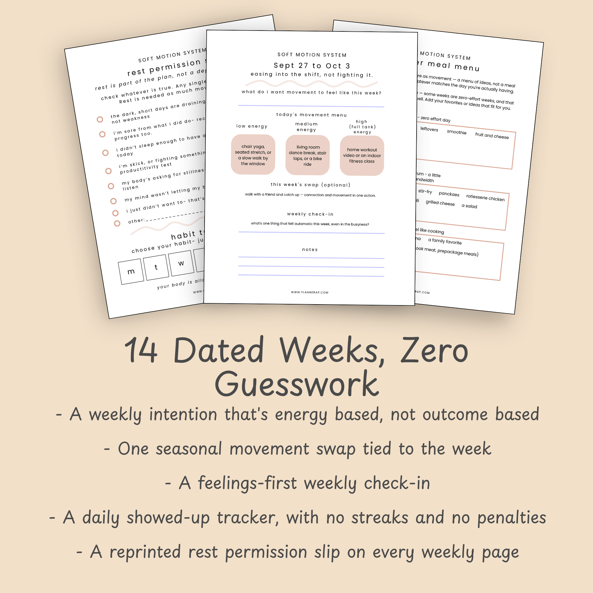 Mockup pages showing the 14 dated weekly spreads and components of the Soft Motion Q4 planner.