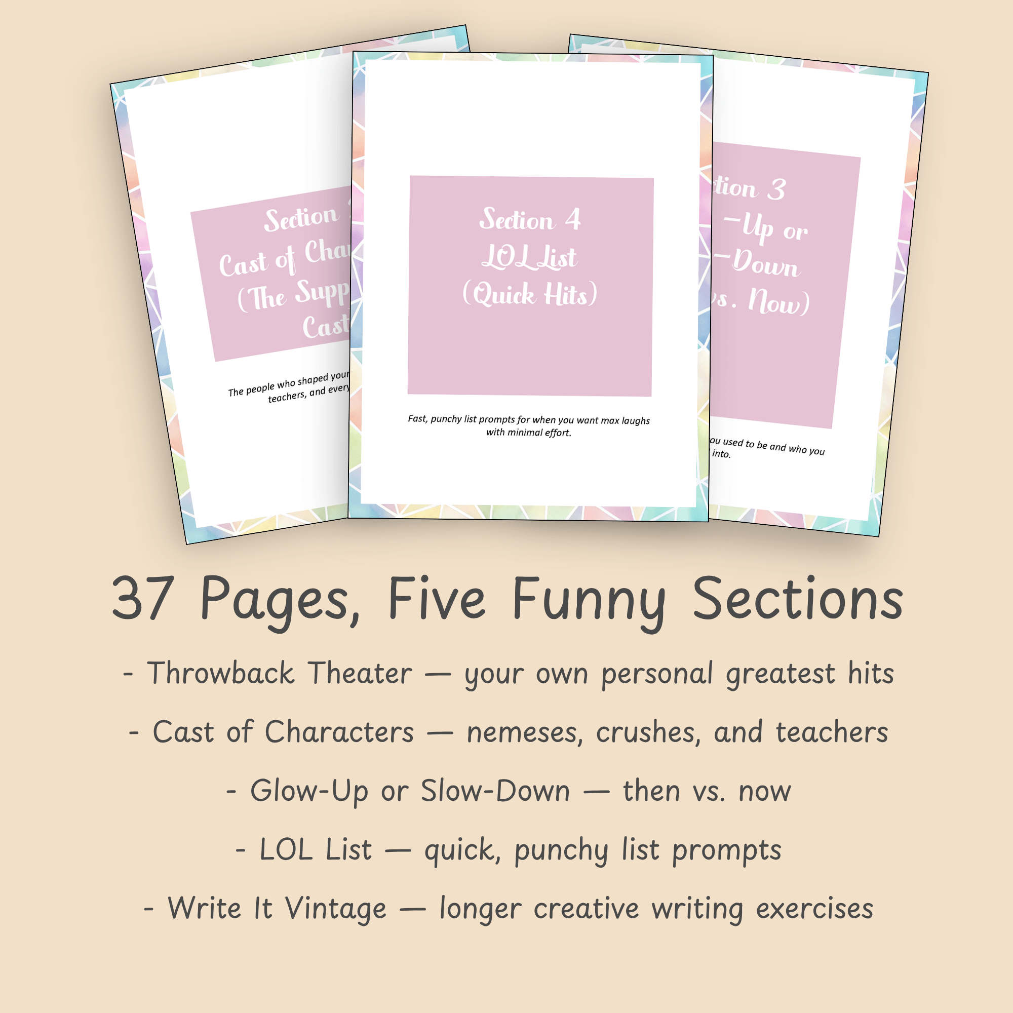 Mockup pages showing the five themed sections of the Back When nostalgia journal, including Throwback Theater and Cast of Characters.