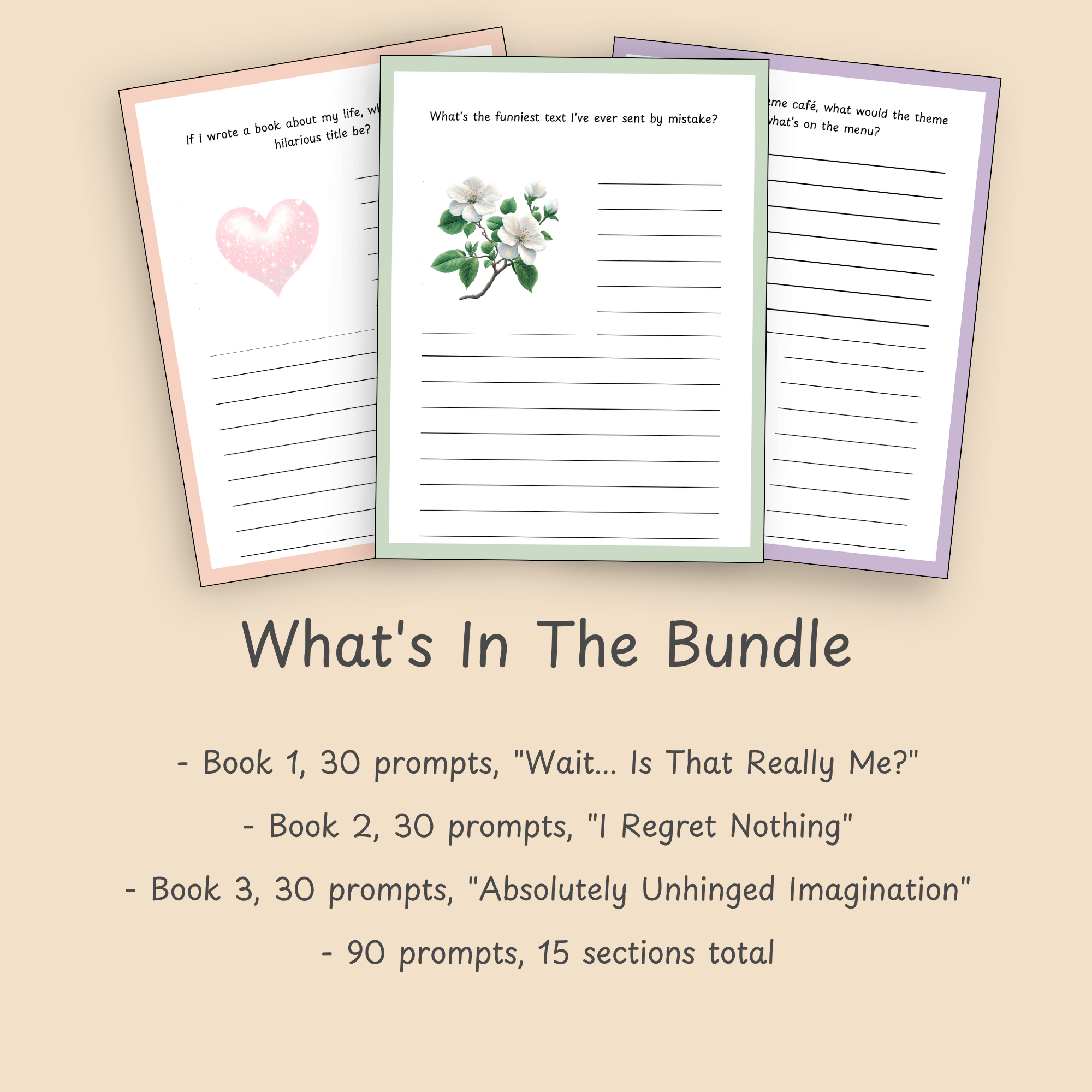Feature slide listing the three journals and total prompt count included in the Seriously Though, LOL bundle.