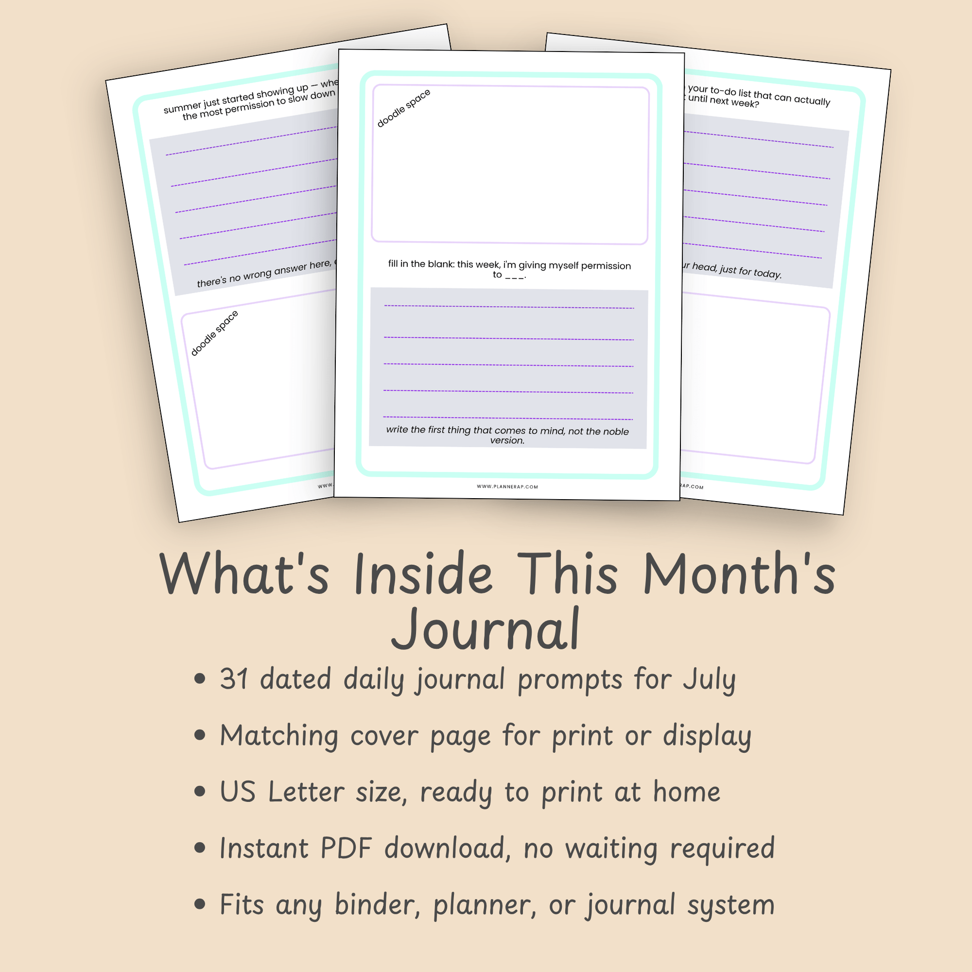 Feature slide listing the contents of the July printable journal, including thirty one daily prompts and a matching cover page.