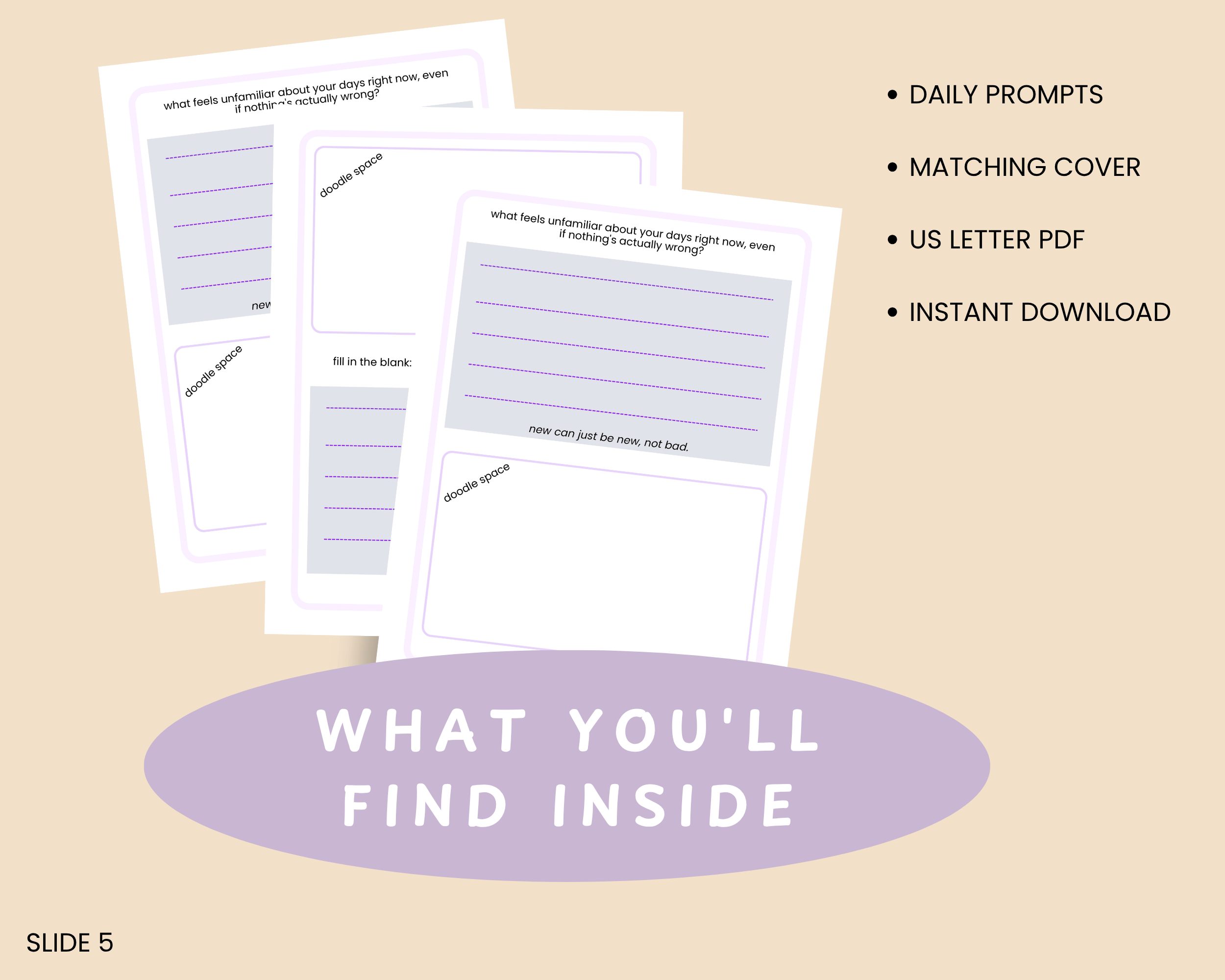 Side-by-side slide listing the core contents of the September printable journal alongside page mockups.