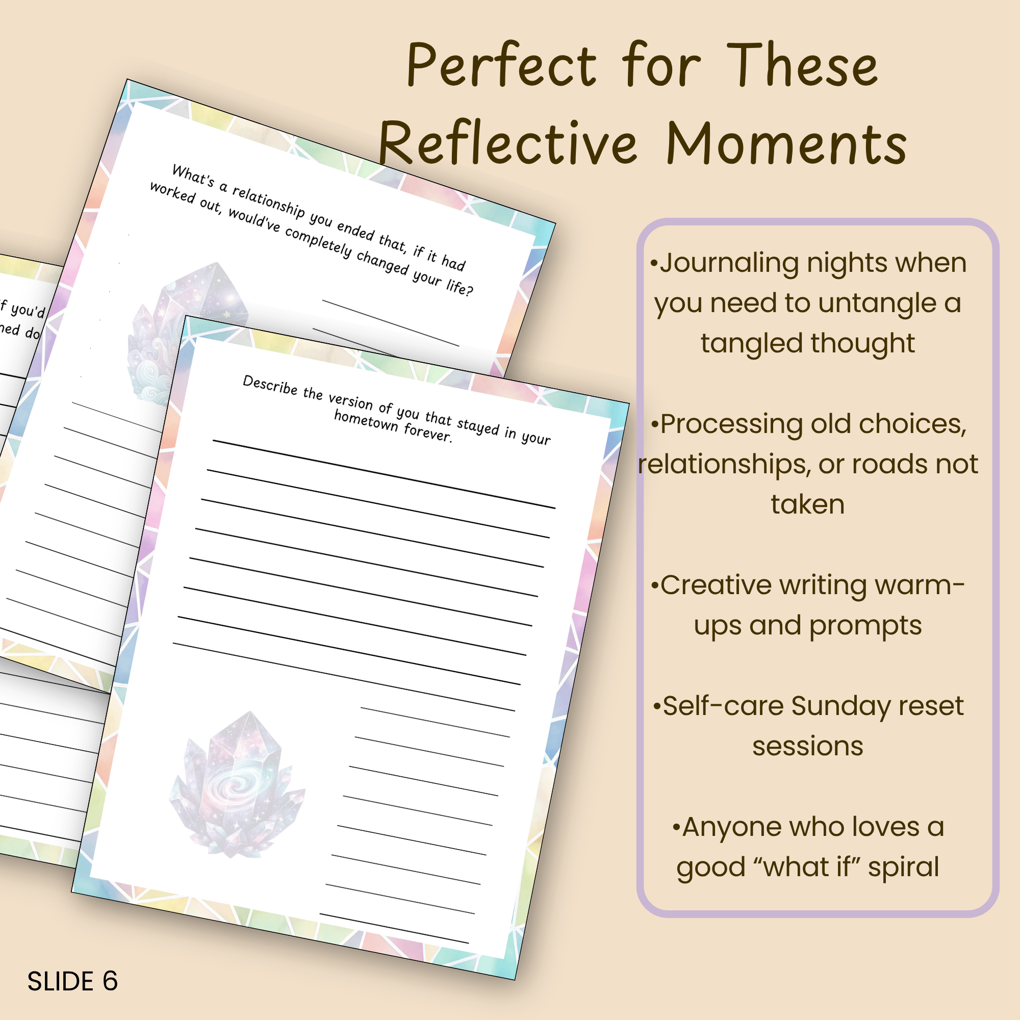 Slide listing everyday moments this what-if journal fits, like journaling nights and creative writing warm-ups.