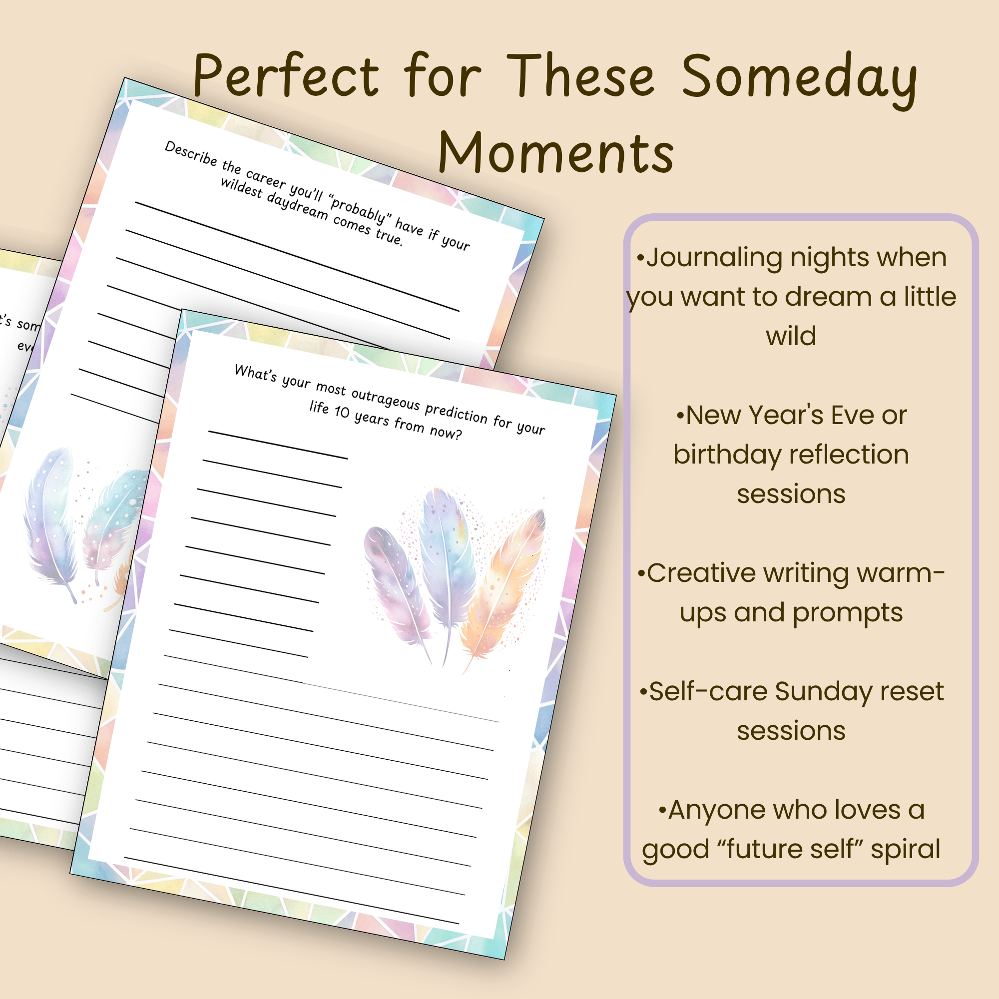 Slide listing everyday moments this prediction journal fits, like journaling nights and New Year's reflection sessions.