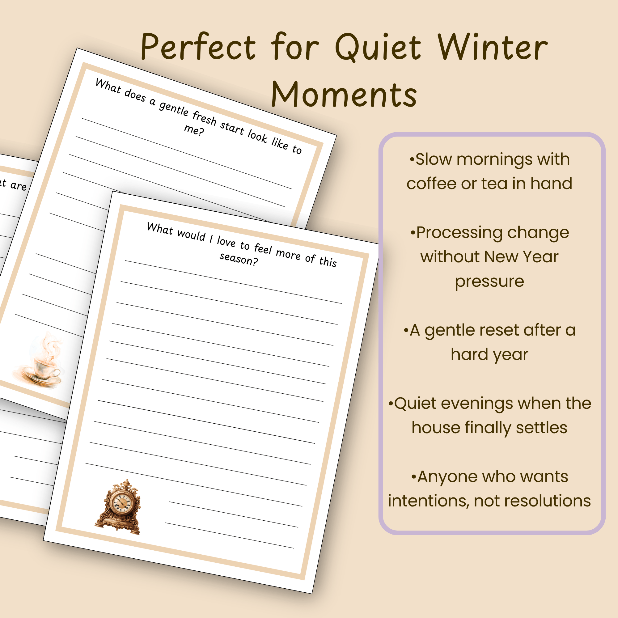 Slide listing use cases for the winter journal, including slow mornings, gentle resets, and quiet evenings.