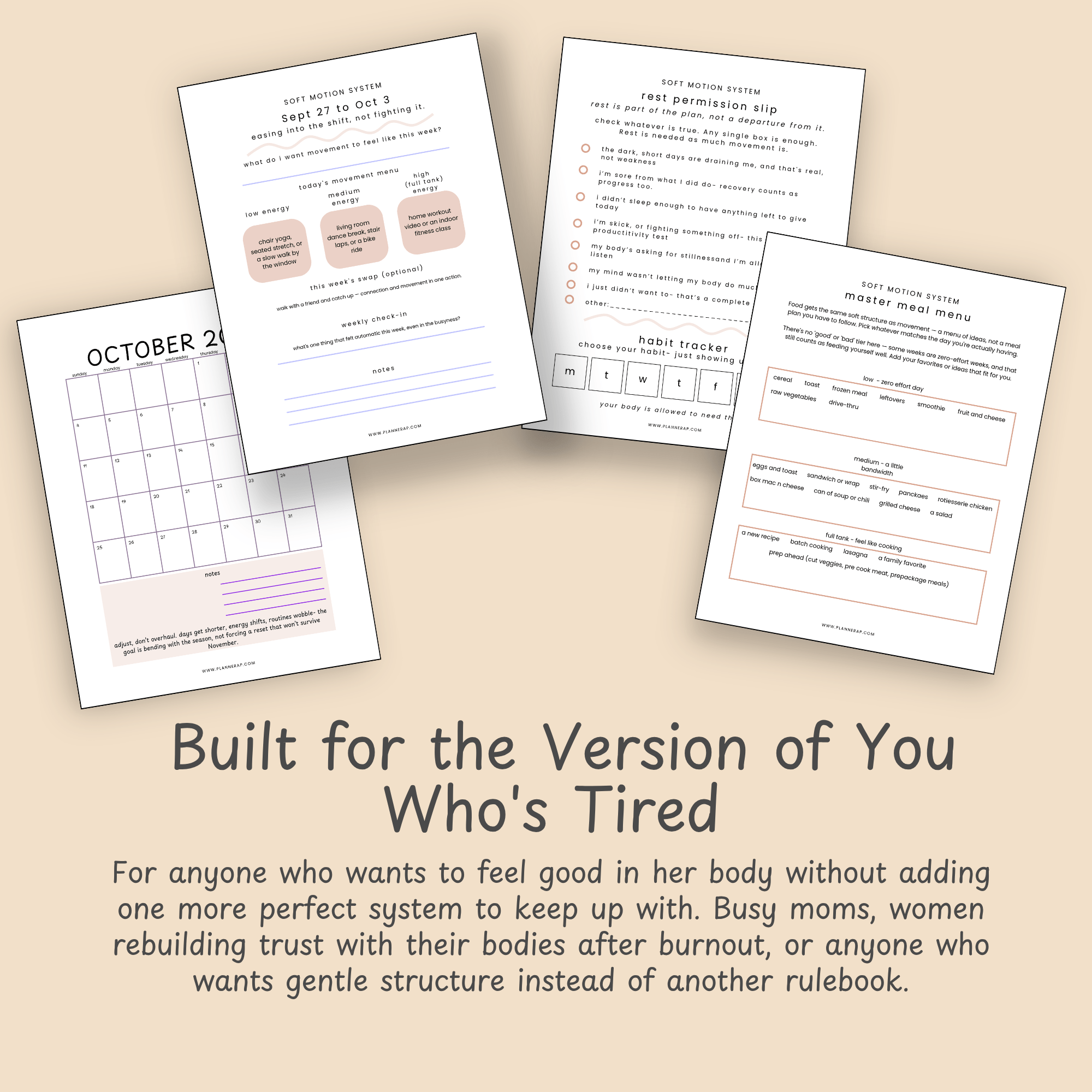 Lifestyle mockup of the Soft Motion Q4 planner styled for busy, tired women rebuilding a gentle movement routine.