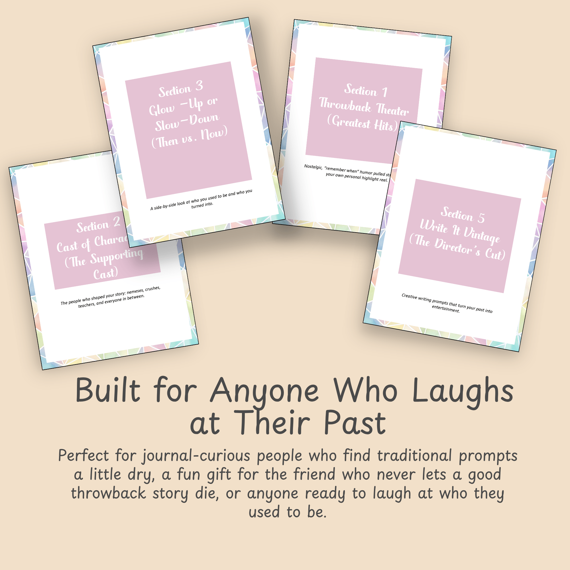 Lifestyle mockup of the Back When nostalgia journal styled for adults who enjoy laughing at their own childhood memories.