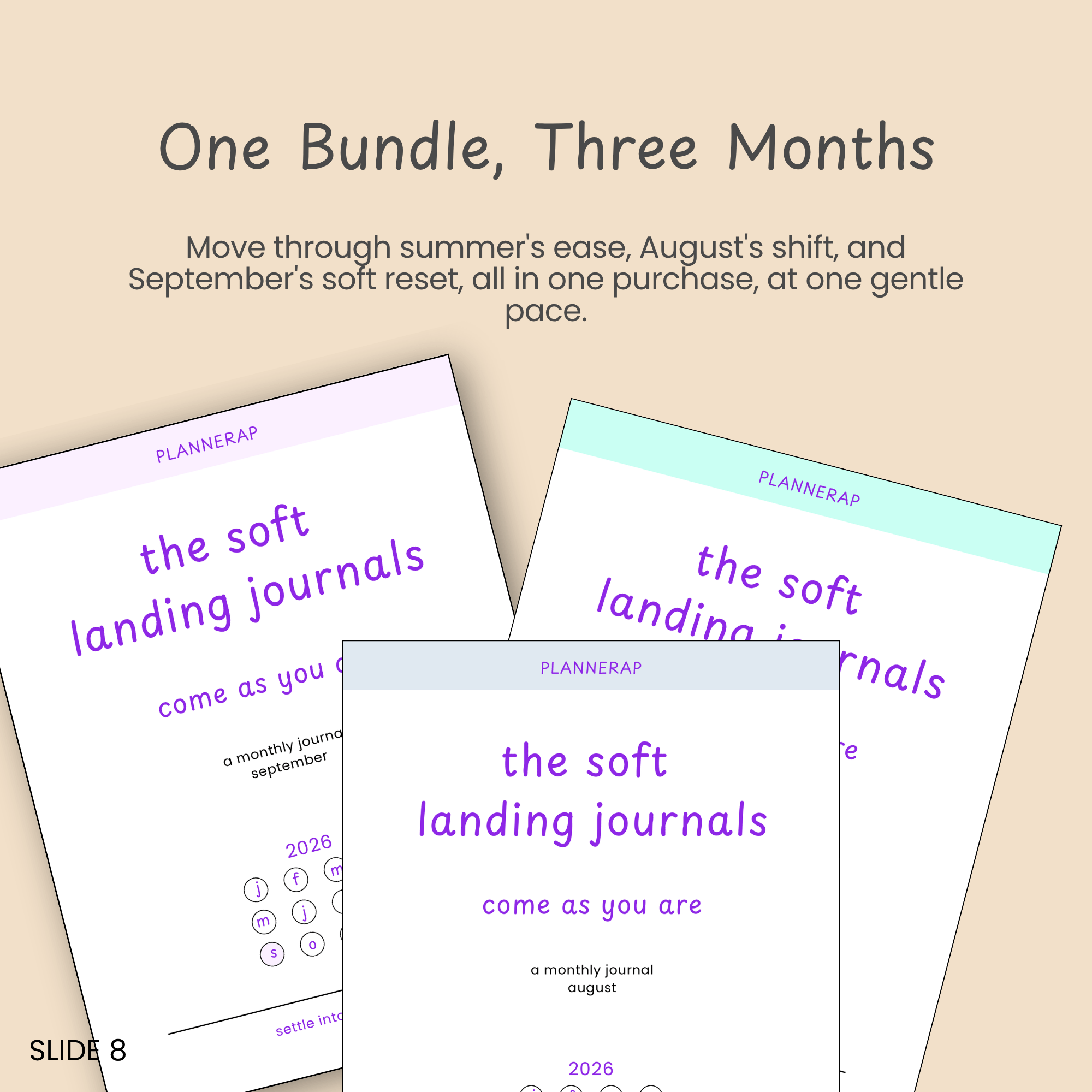 Slide describing how the bundle covers three months of the Soft Landing journal series in one purchase.