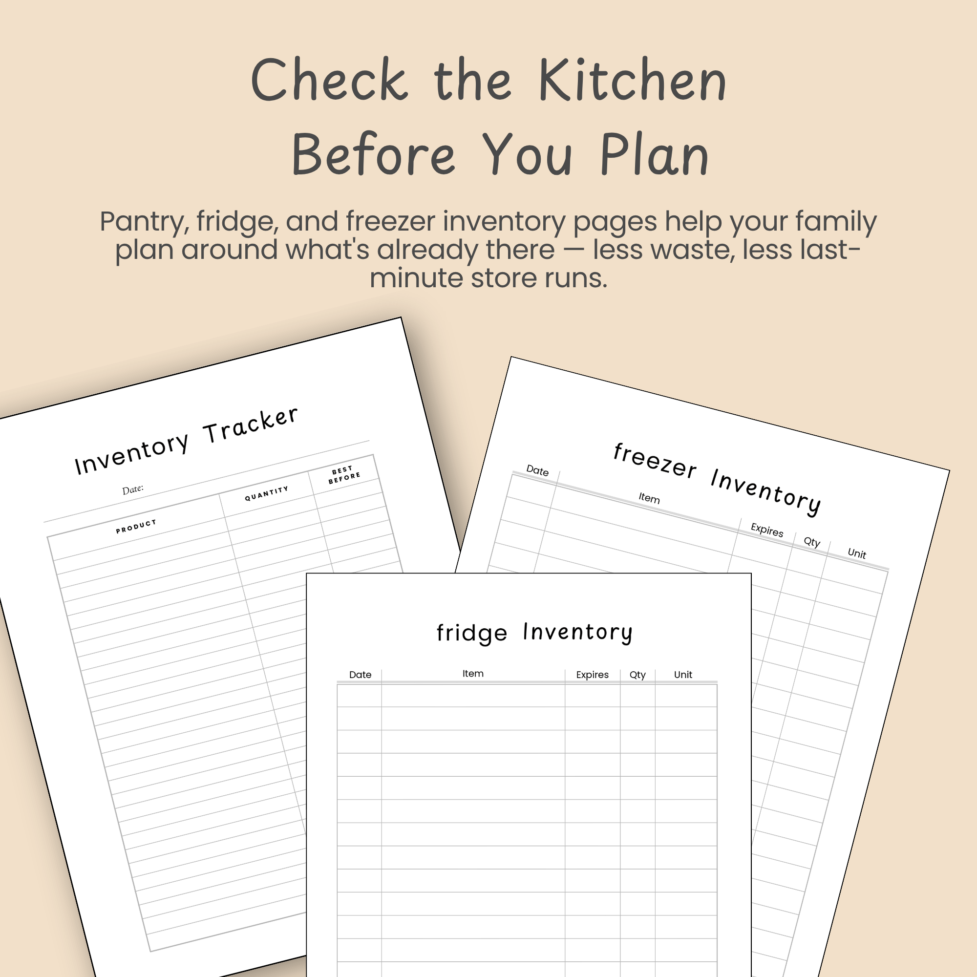 Kitchen inventory tracking page for pantry, fridge, and freezer items used before monthly meal planning.