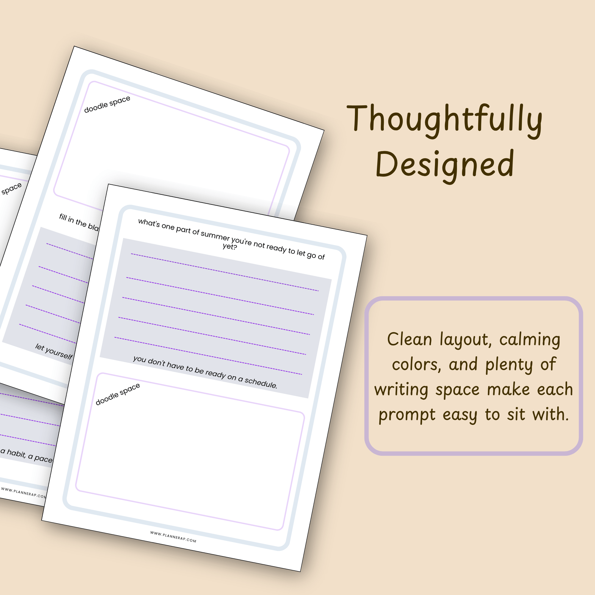 Design detail slide showing the clean, calming layout of the August journal pages.