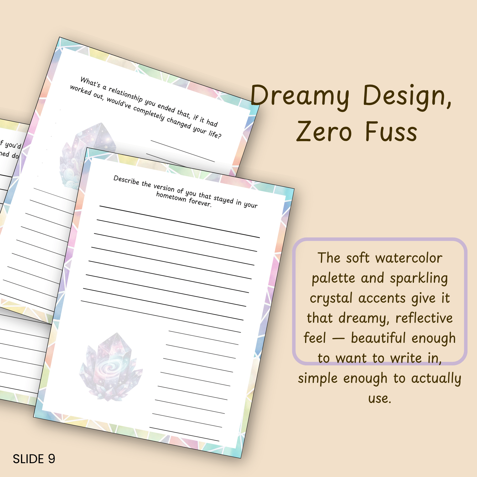 Feature slide describing the soft watercolor and crystal illustration style used throughout the Seriously Though LOL journal pages.