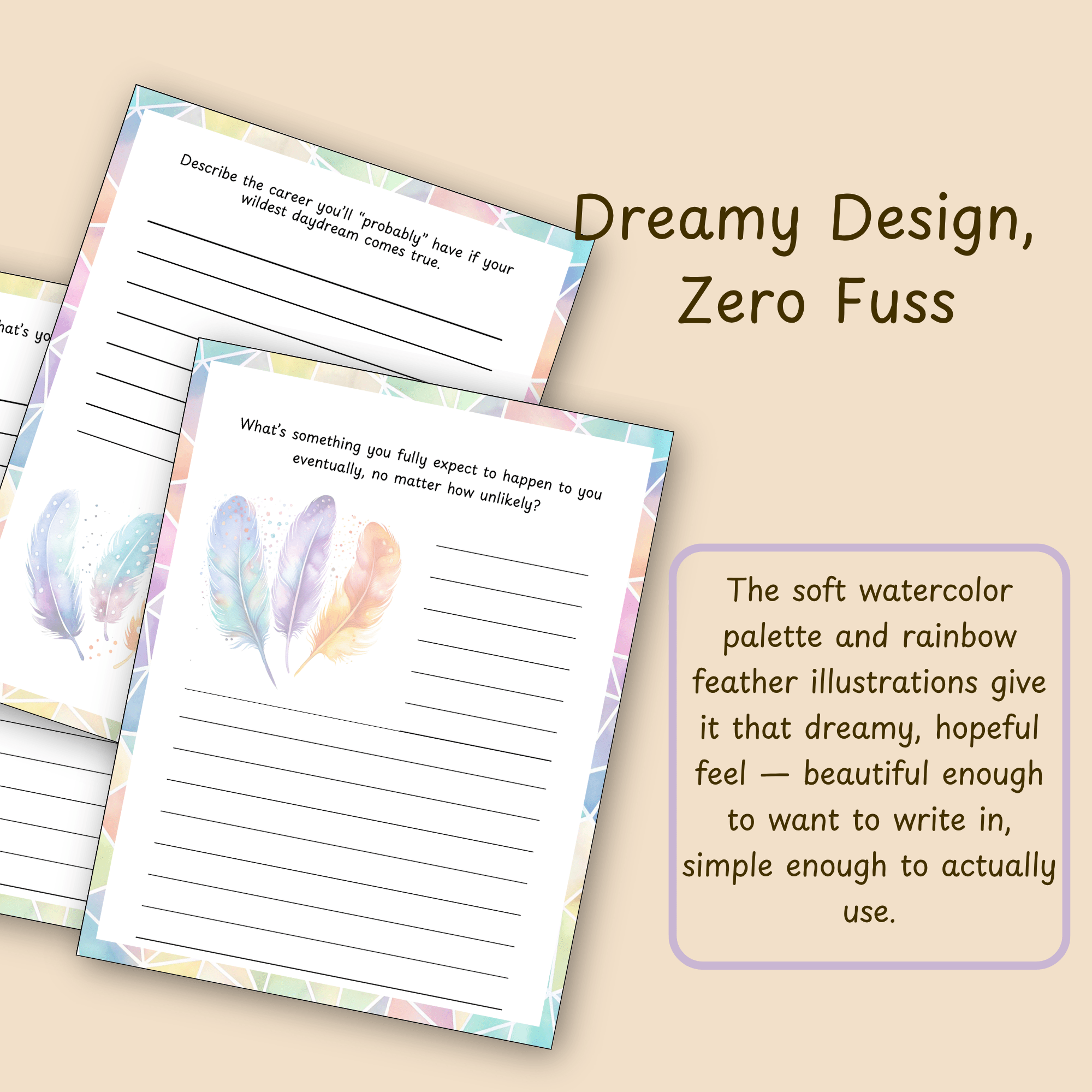 Feature slide describing the soft watercolor and rainbow feather illustration style used throughout the journal pages.