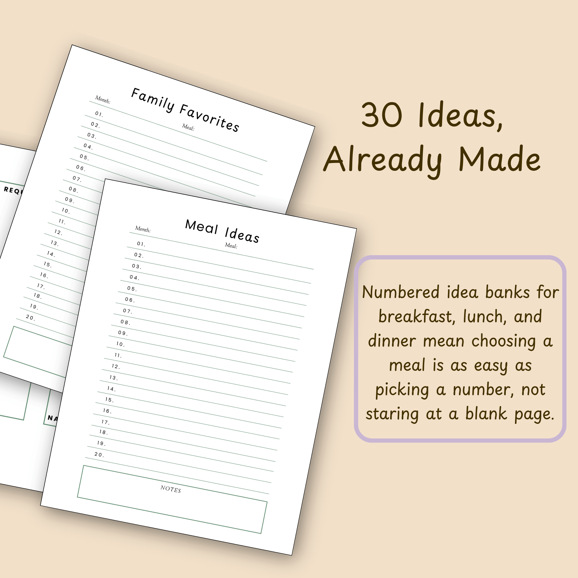 Numbered idea bank page from the meal planner showing breakfast, lunch, and dinner meal ideas ready to fill in.