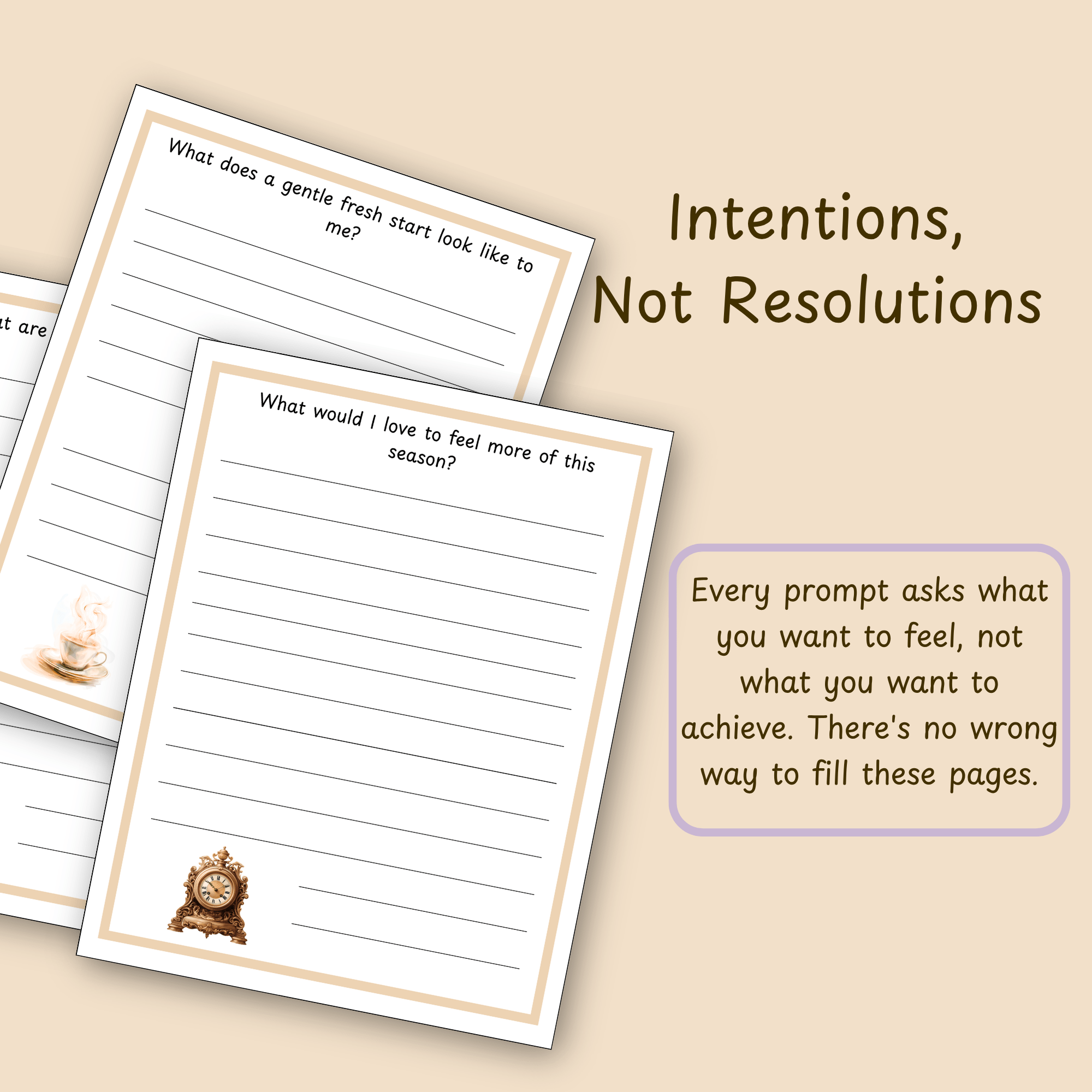 Slide contrasting gentle intentions with rigid New Year resolutions, showing sample journal pages.