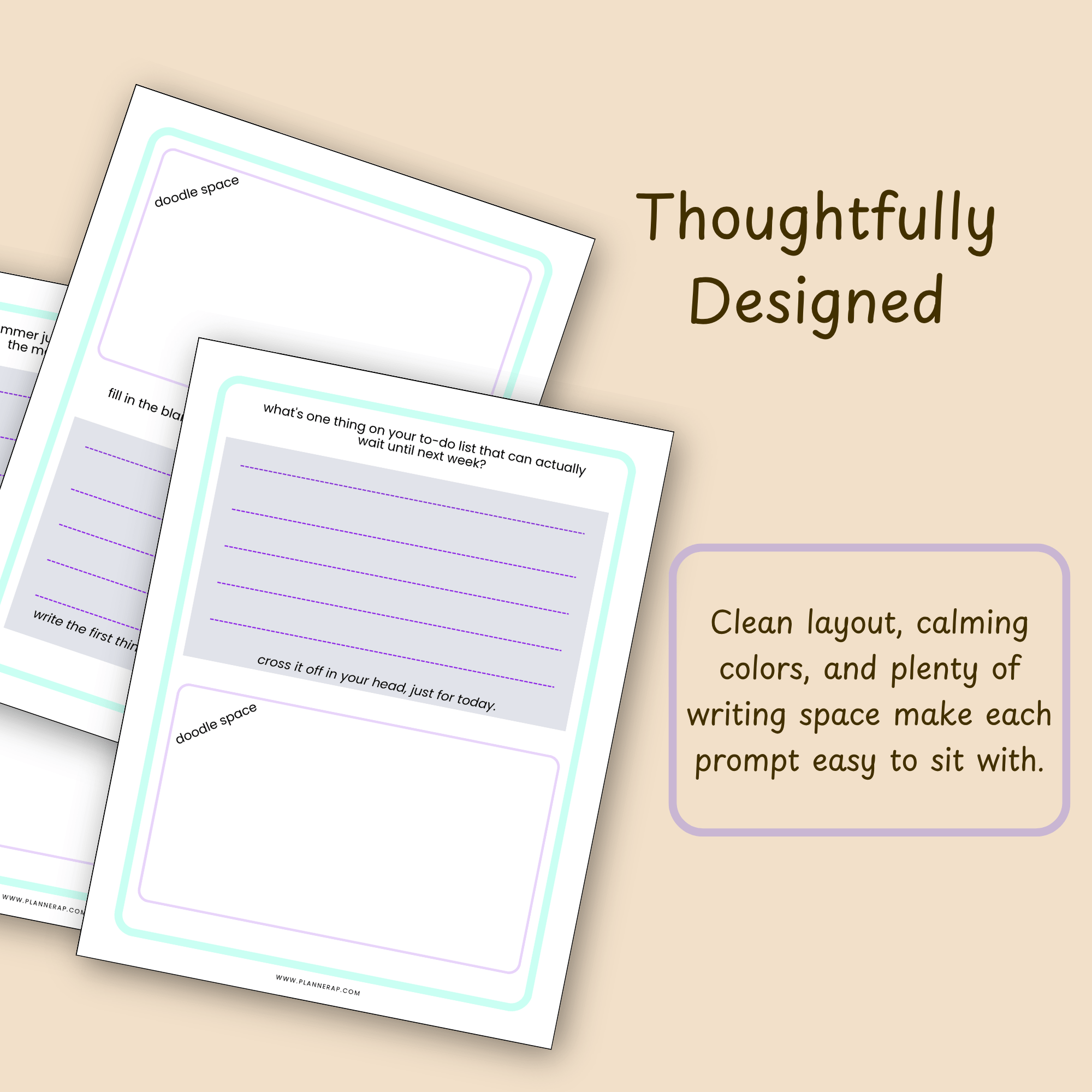 Design detail slide showing the clean, calming layout of the July journal pages.