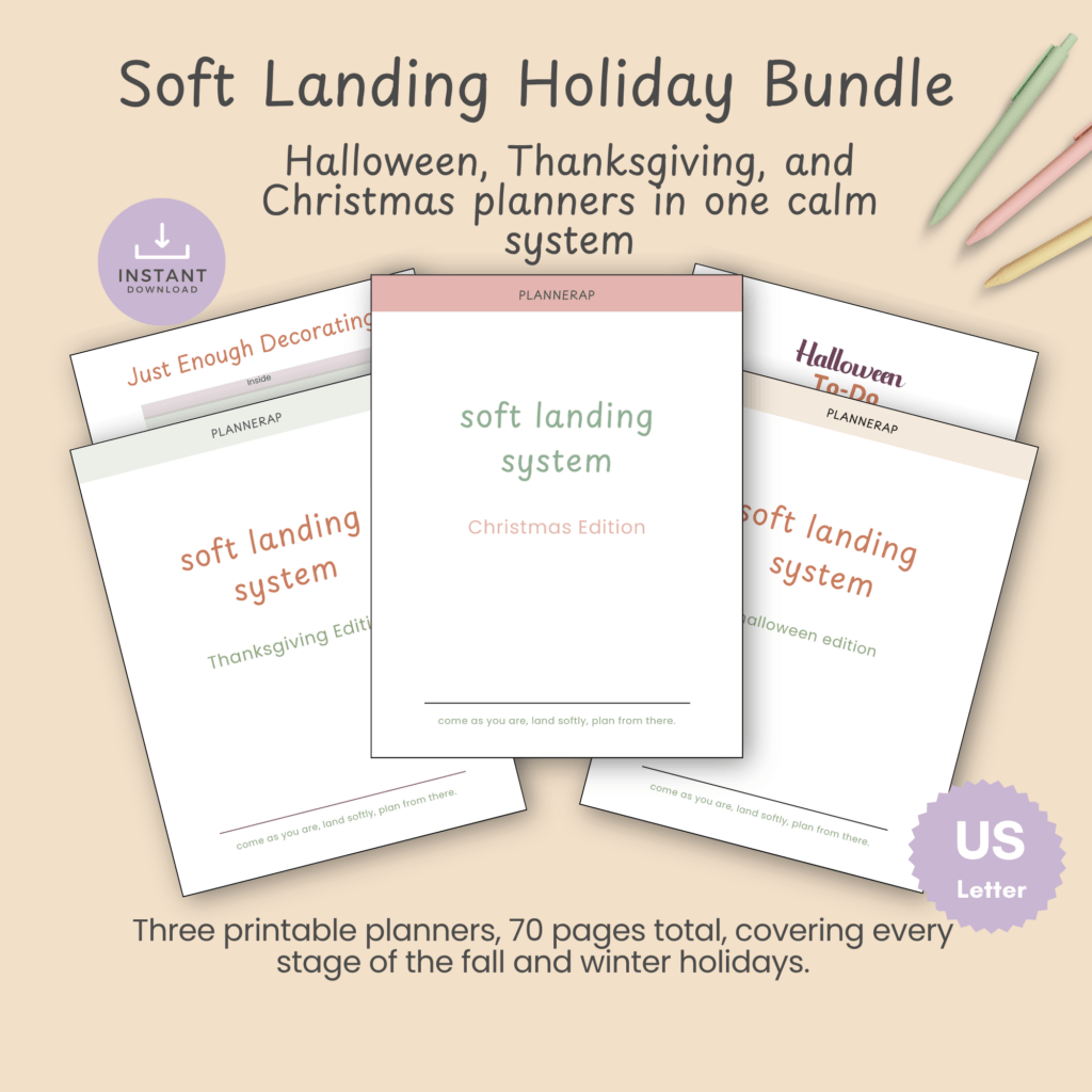 Hero slide for the Soft Landing Holiday Bundle, showing four fanned planner covers with the bundle title.