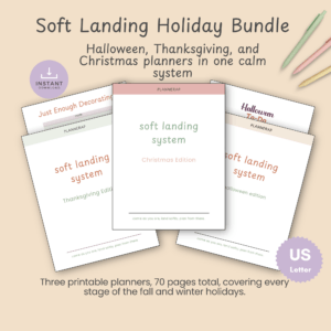 Hero slide for the Soft Landing Holiday Bundle, showing four fanned planner covers with the bundle title.