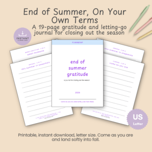 Cover of the End of Summer Gratitude and Letting Go printable journal, the title page for this end of summer journal printable.
