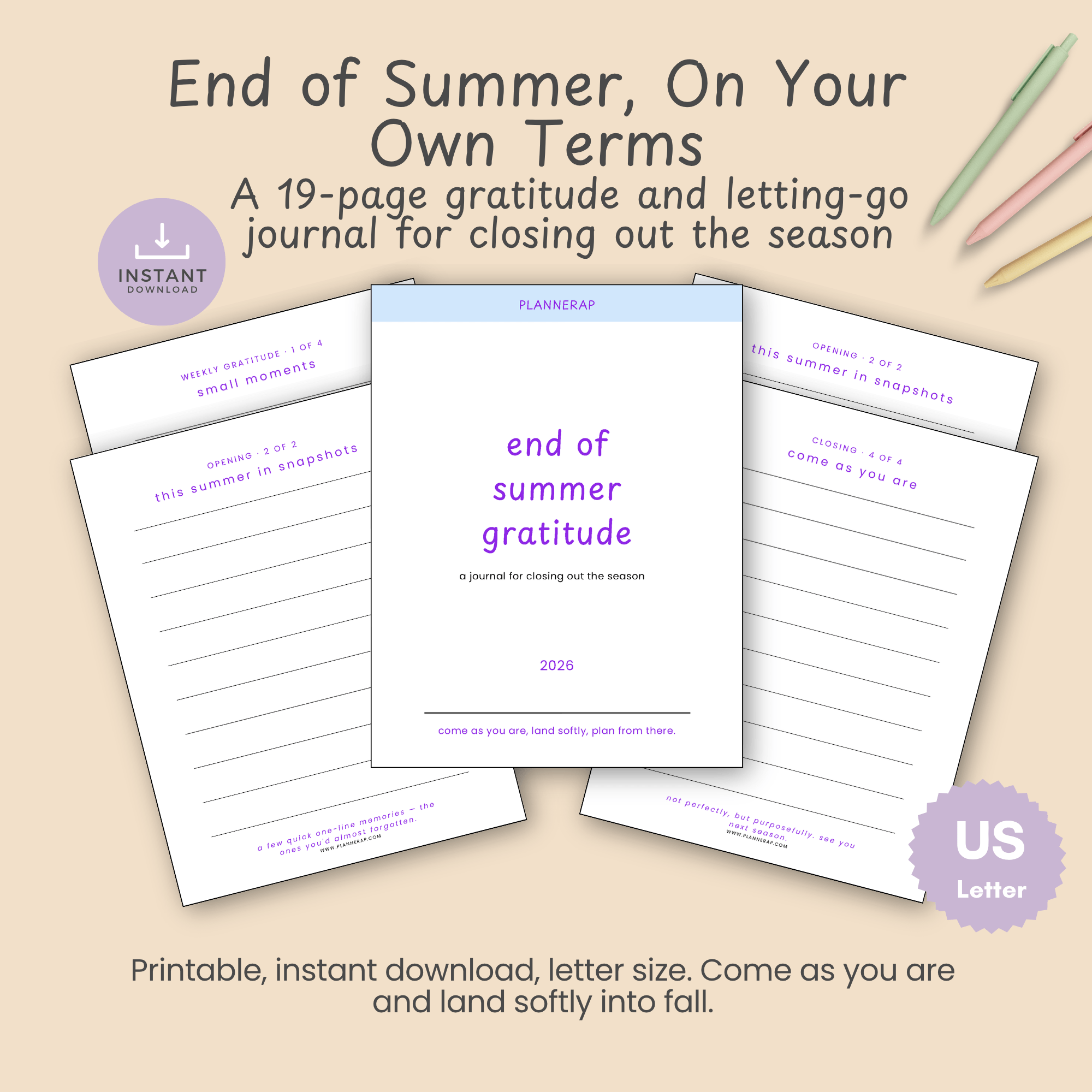 Cover of the End of Summer Gratitude and Letting Go printable journal, the title page for this end of summer journal printable.