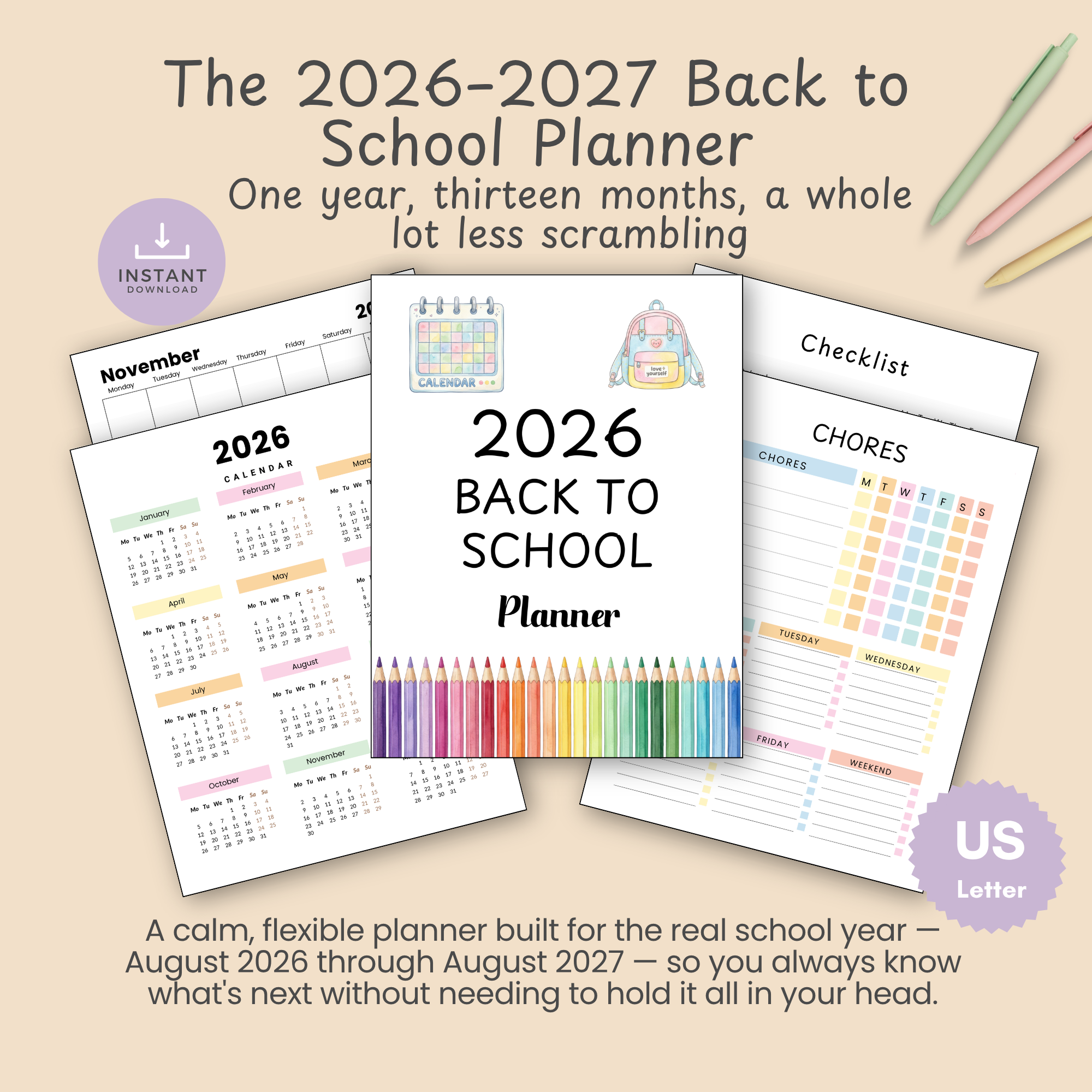 A calm, flexible planner built for the real school year — August 2026 through August 2027 — so you always know what's next without needing to hold it all in your head.